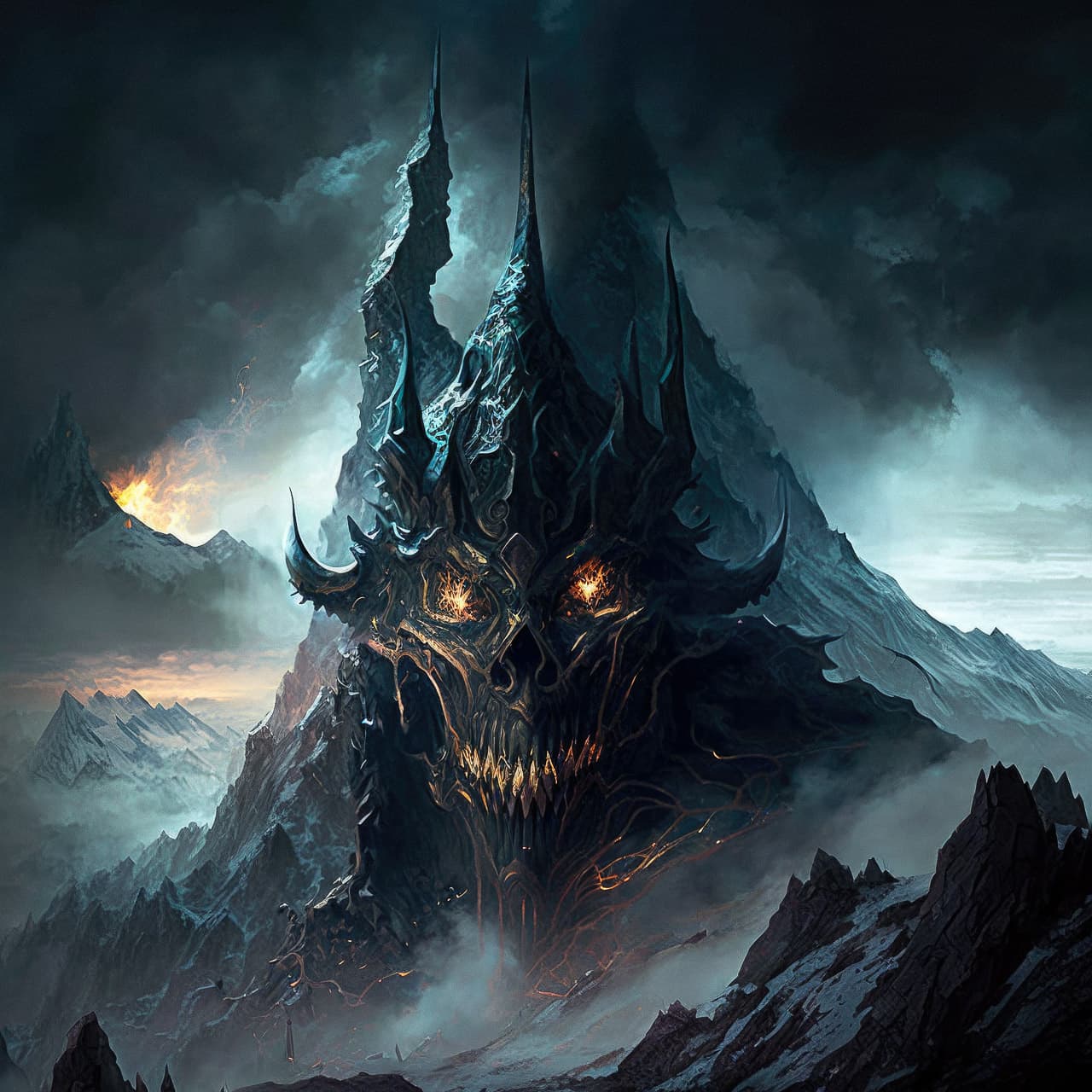 Midjourney prompt for dark lord's mountains of doom, V4, showcasing photorealism, detail accuracy, and artistic styles.