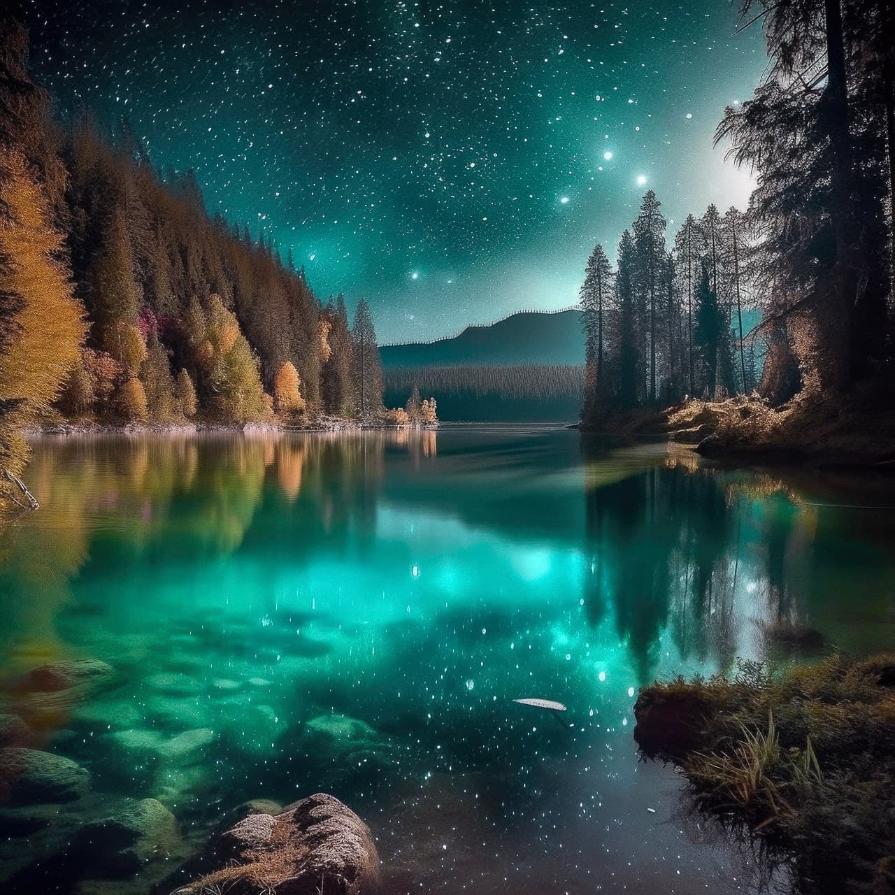 Midjourney prompt for magical night lake scene, V5 photorealism, enhanced detail accuracy, stylistic range, AI-generated imagery.
