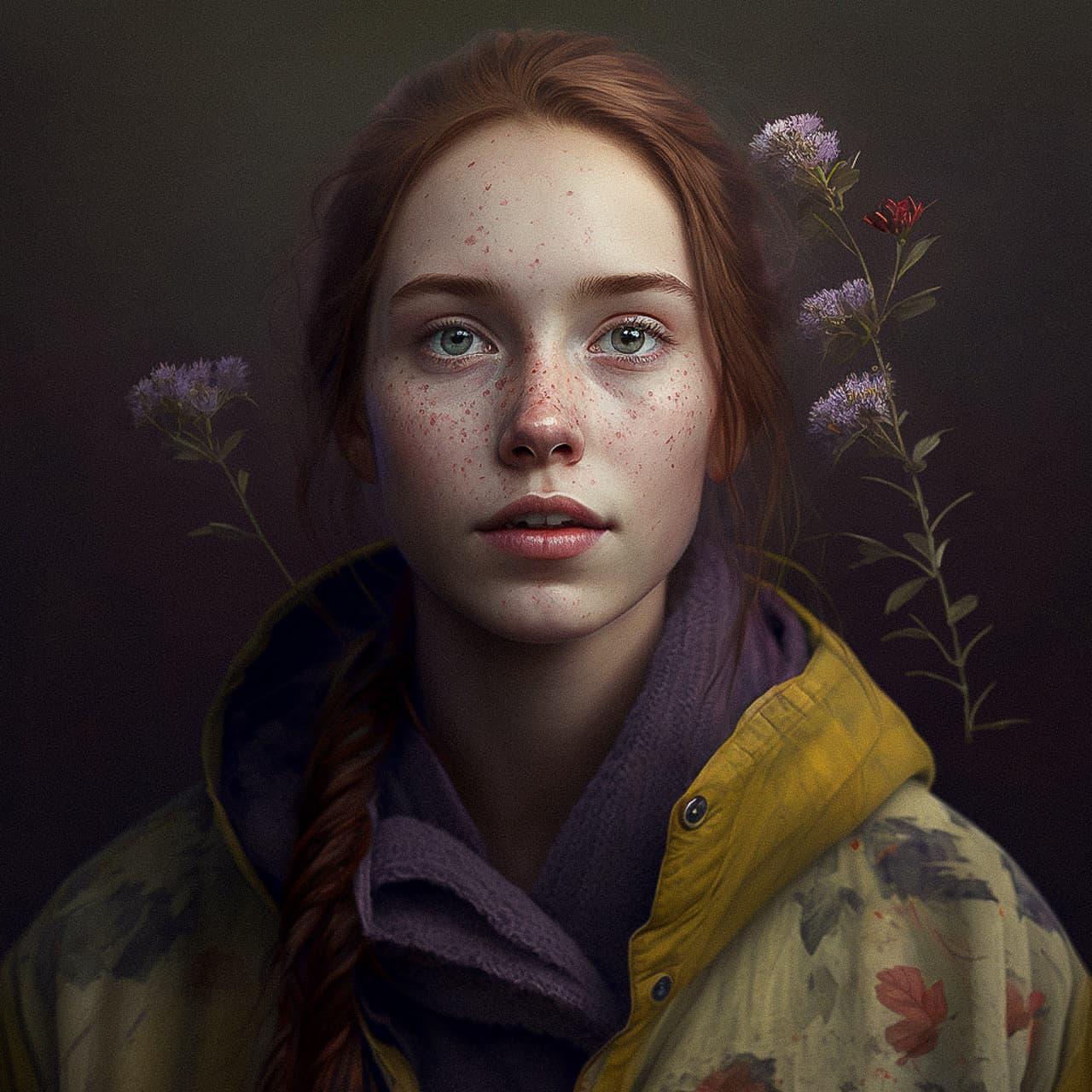 Midjourney prompt for photorealistic portrait, young woman with flowers, version 4, seed 42, detail accuracy, artistic styles.