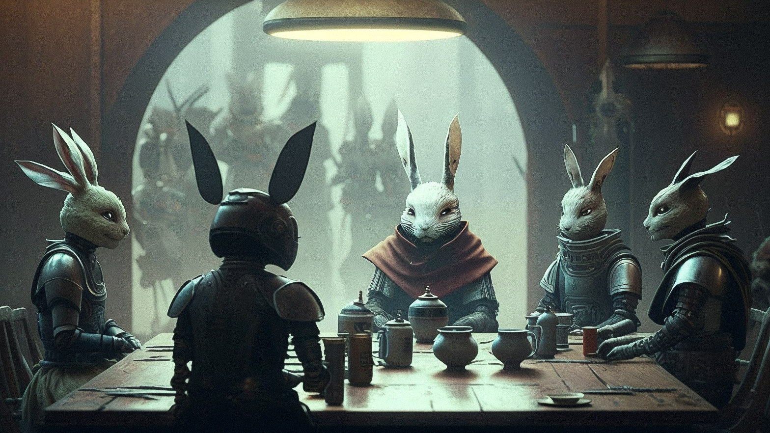 Midjourney prompt depicting anthropomorphic rabbits in armor at a tea ceremony, showcasing photorealism and stylistic elements from anime and sci-fi.