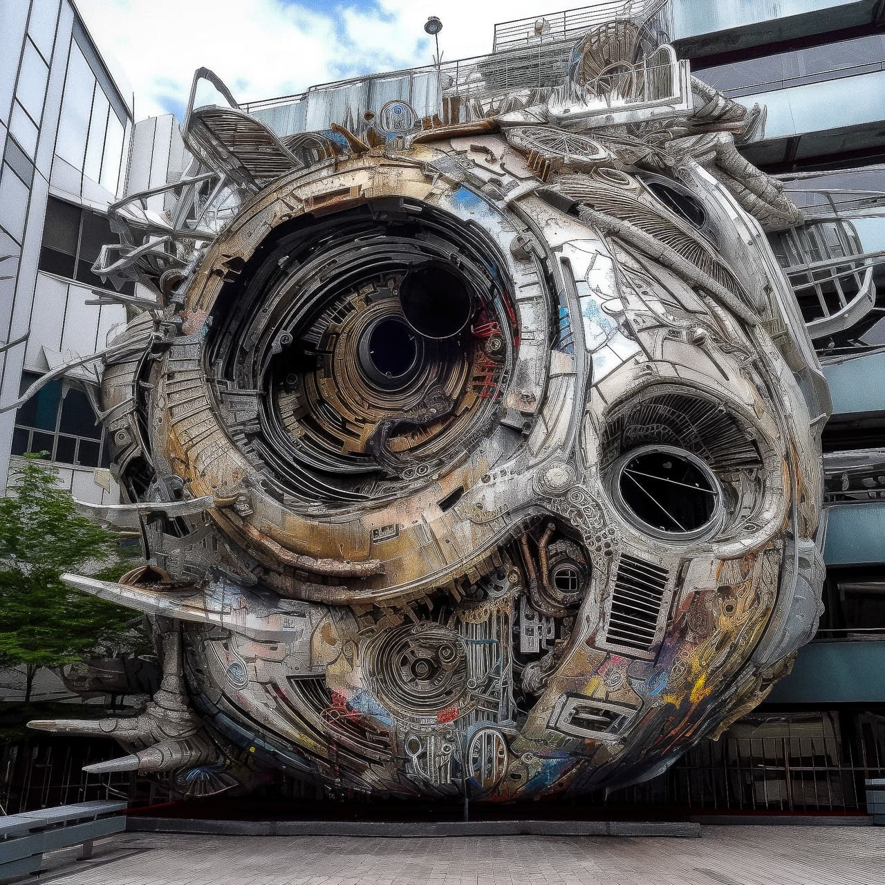 Midjourney prompt showcasing megastructure by Lee Bontecou in Mecha style, enhanced photorealism, street-art elements, version 5 capabilities.