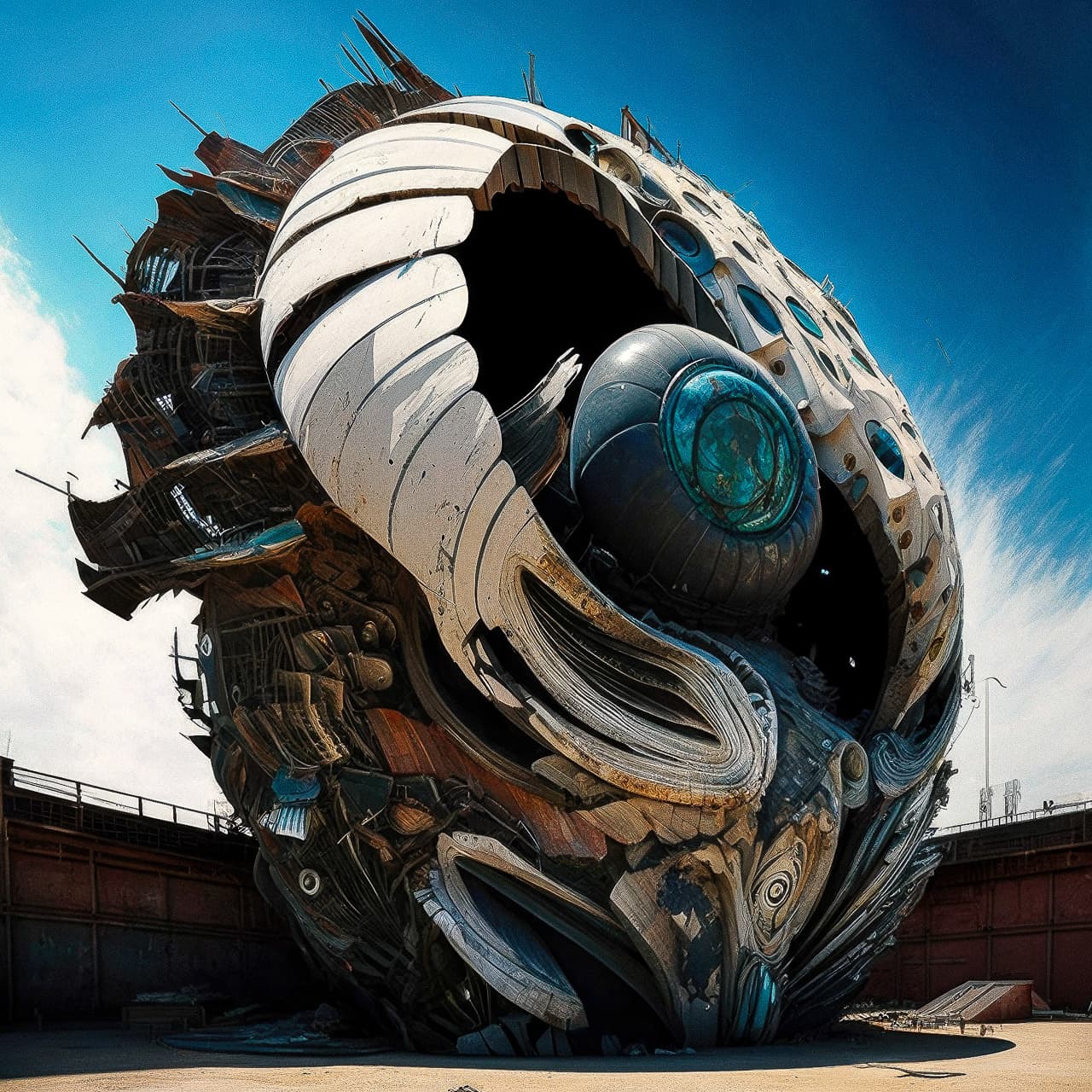 Midjourney prompt generating Mecha-style megastructure by Lee Bontecou, enhanced photorealism, detailed accuracy, artistic references, version 4 features.
