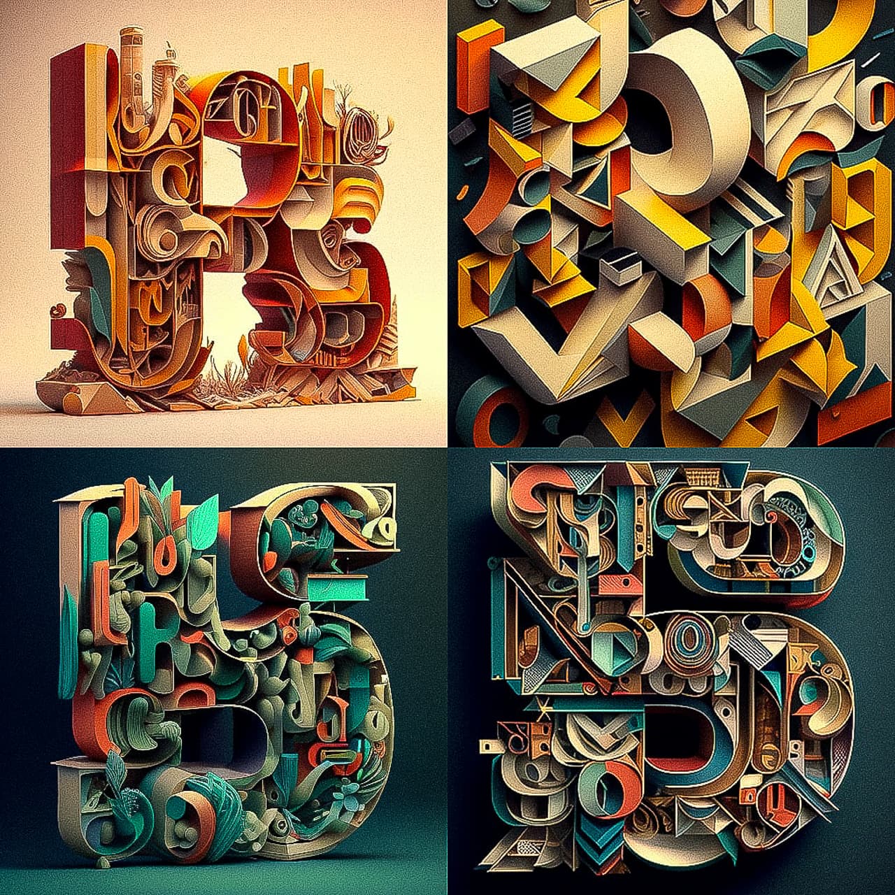 Midjourney prompt showcasing Letterism style in V4, featuring intricate 3D letter designs with vibrant colors and complex shapes.