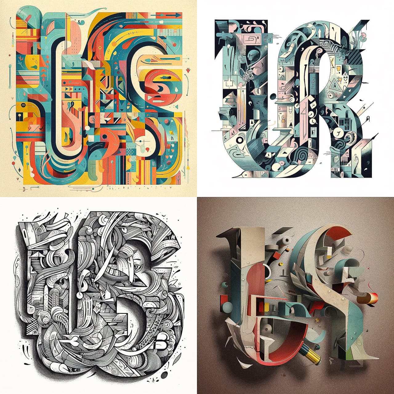 Letterism artwork showcasing diverse styles generated with Midjourney V5 prompt techniques, emphasizing artistic range and detail accuracy.