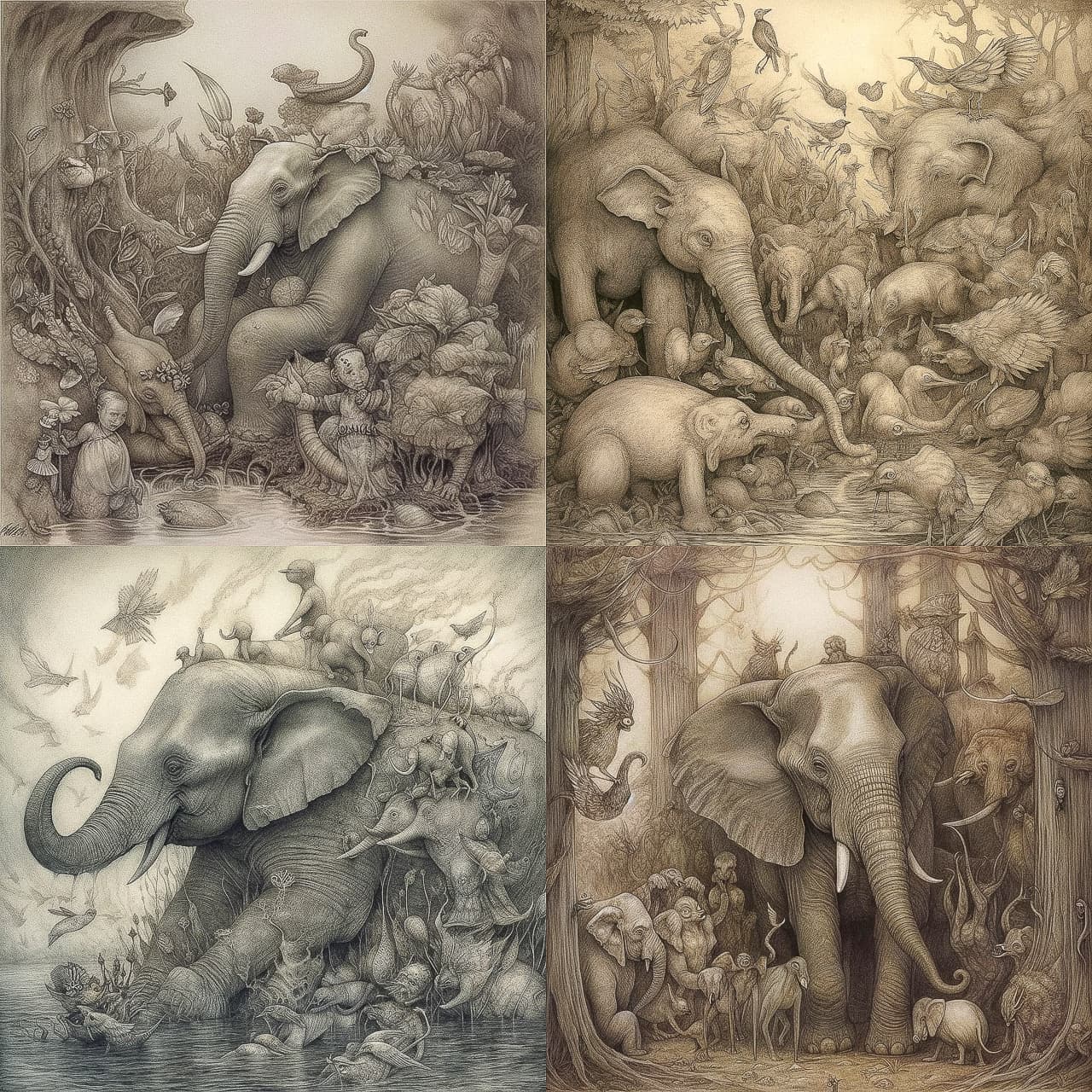 Midjourney prompt showcasing detailed illustrations of elephants and wildlife, emphasizing photorealism and artistic styles in V5.