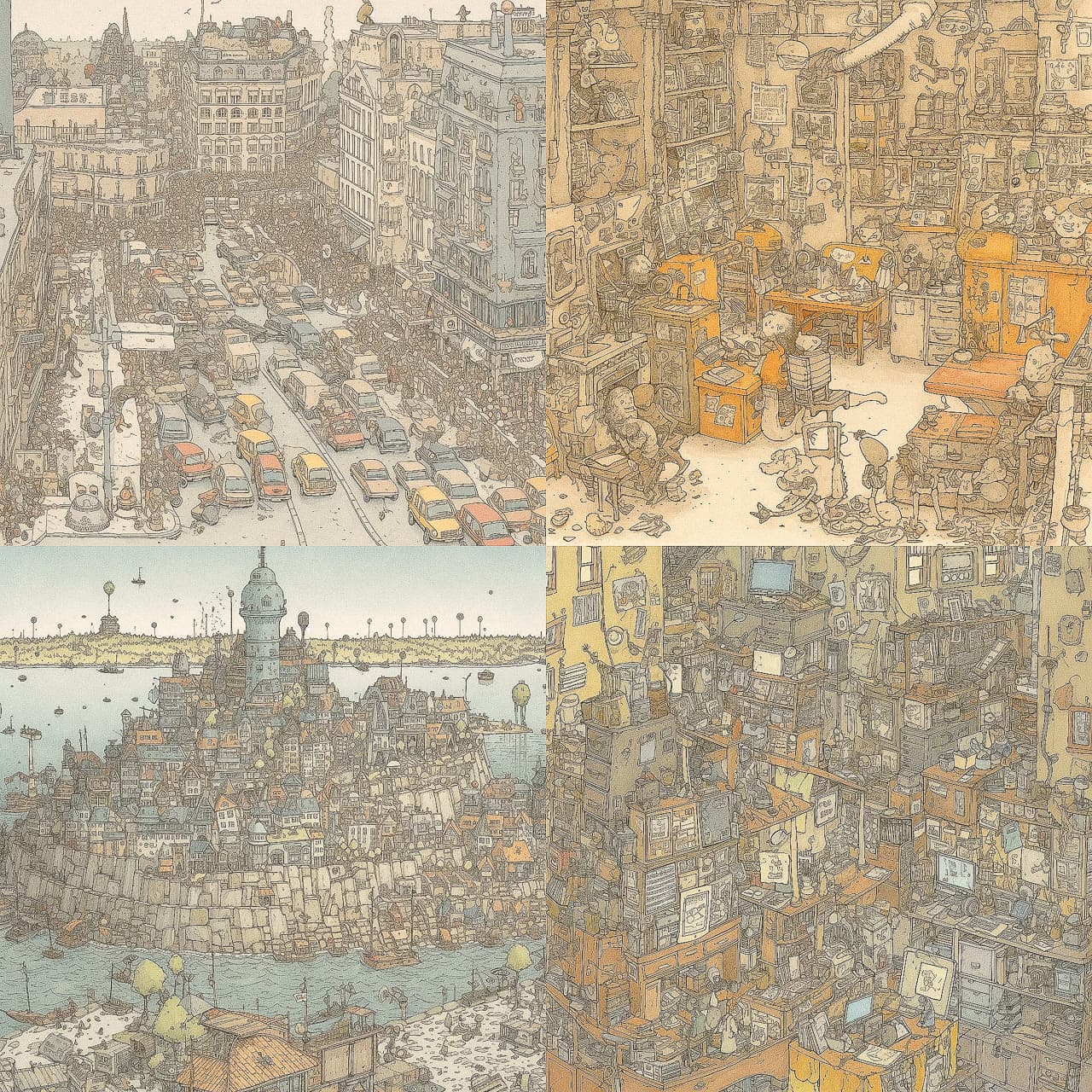 Midjourney prompt showcasing detailed urban scenes, intricate environments, and diverse artistic styles in AI-generated imagery.