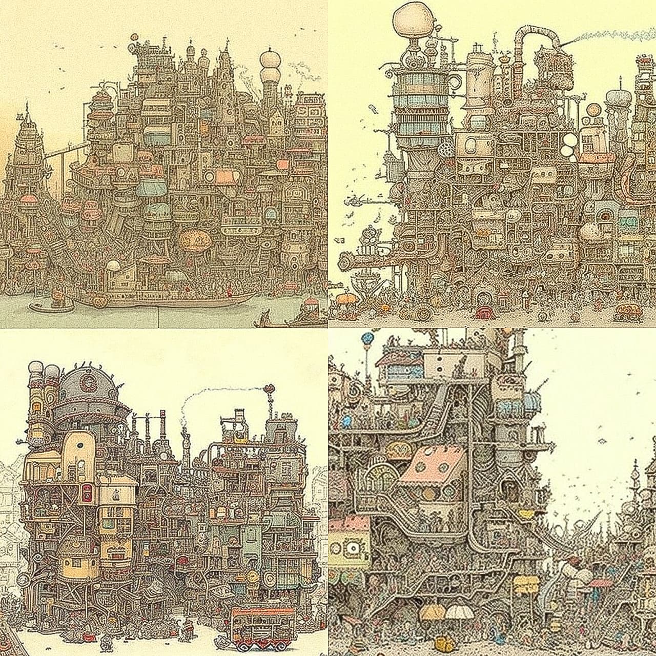 Midjourney prompt showcasing intricate steampunk cityscapes with diverse architectural styles and details, emphasizing artistic techniques and image generation capabilities.