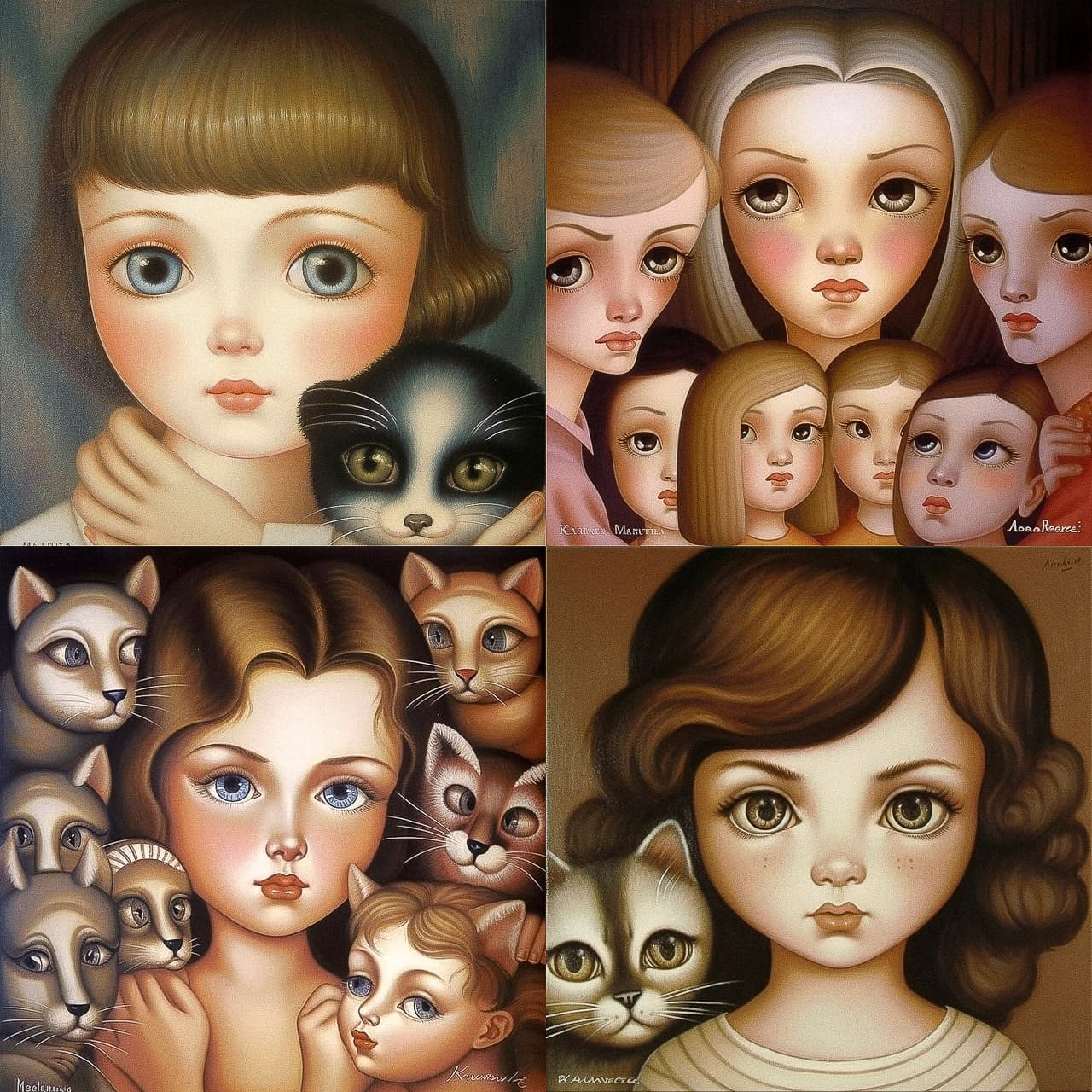 Midjourney prompt showcasing artistic styles by Margaret Keane, featuring children and cats, emphasizing photorealism and detail accuracy.