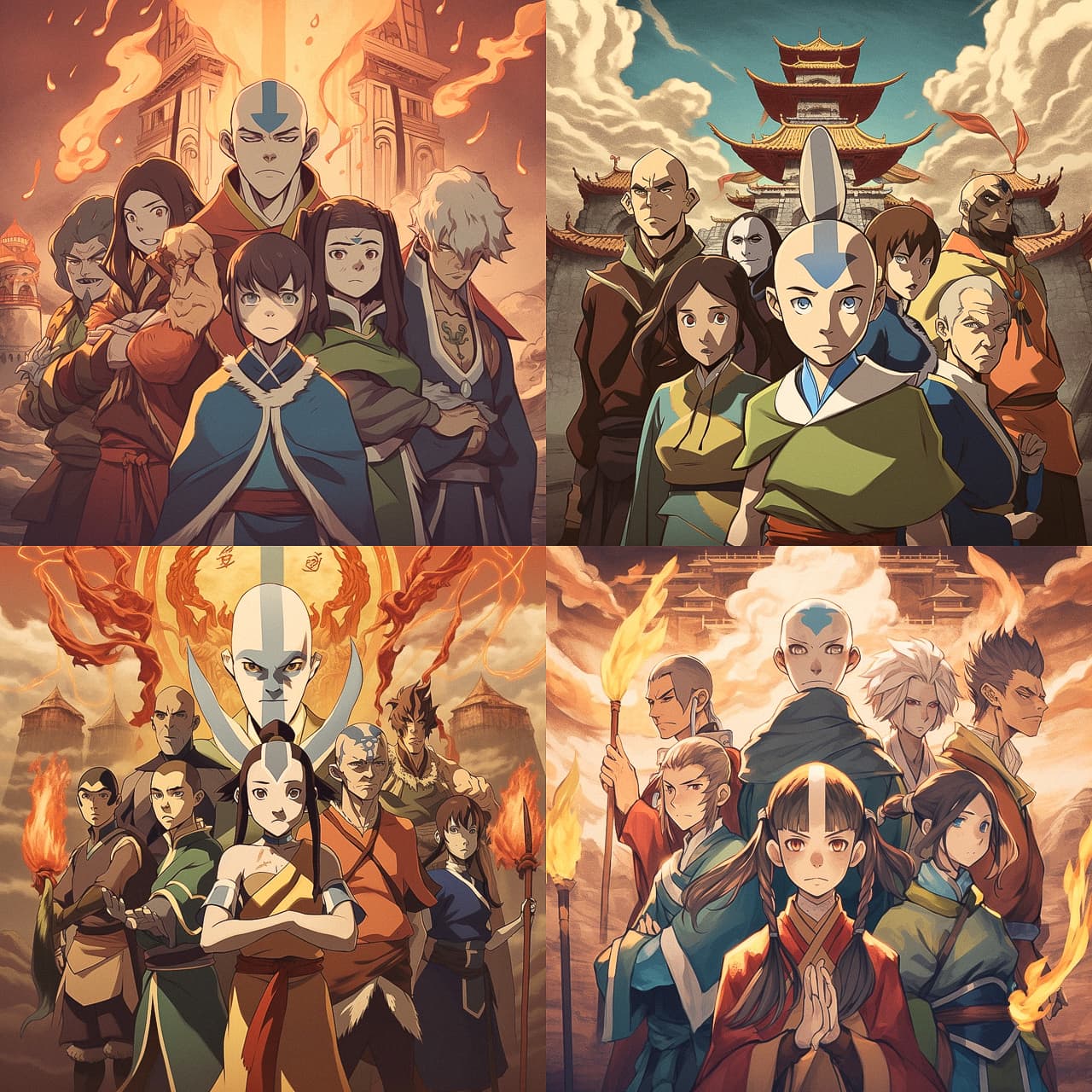 Midjourney prompt for Avatar the Last Airbender anime, showcasing characters in various poses and settings, emphasizing artistic styles and detail accuracy.