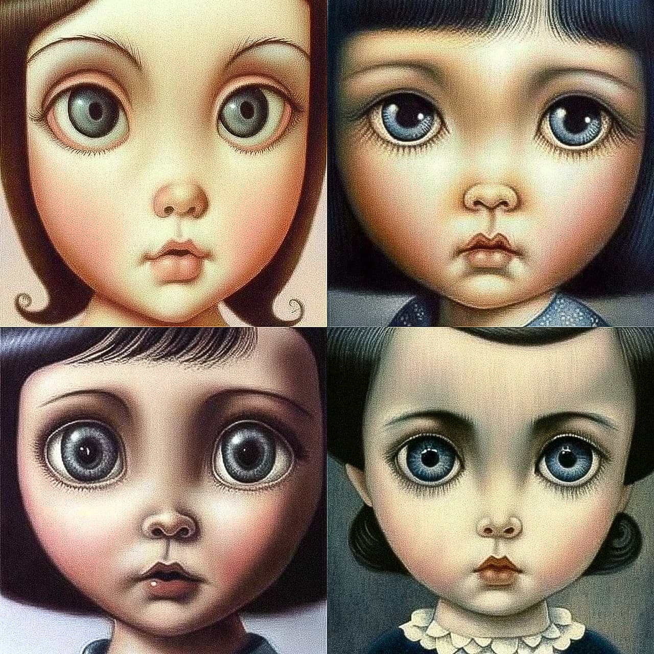Midjourney prompt engineering showcasing Margaret Keane's art style, emphasizing photorealism, detail accuracy, and group portrait rendering.