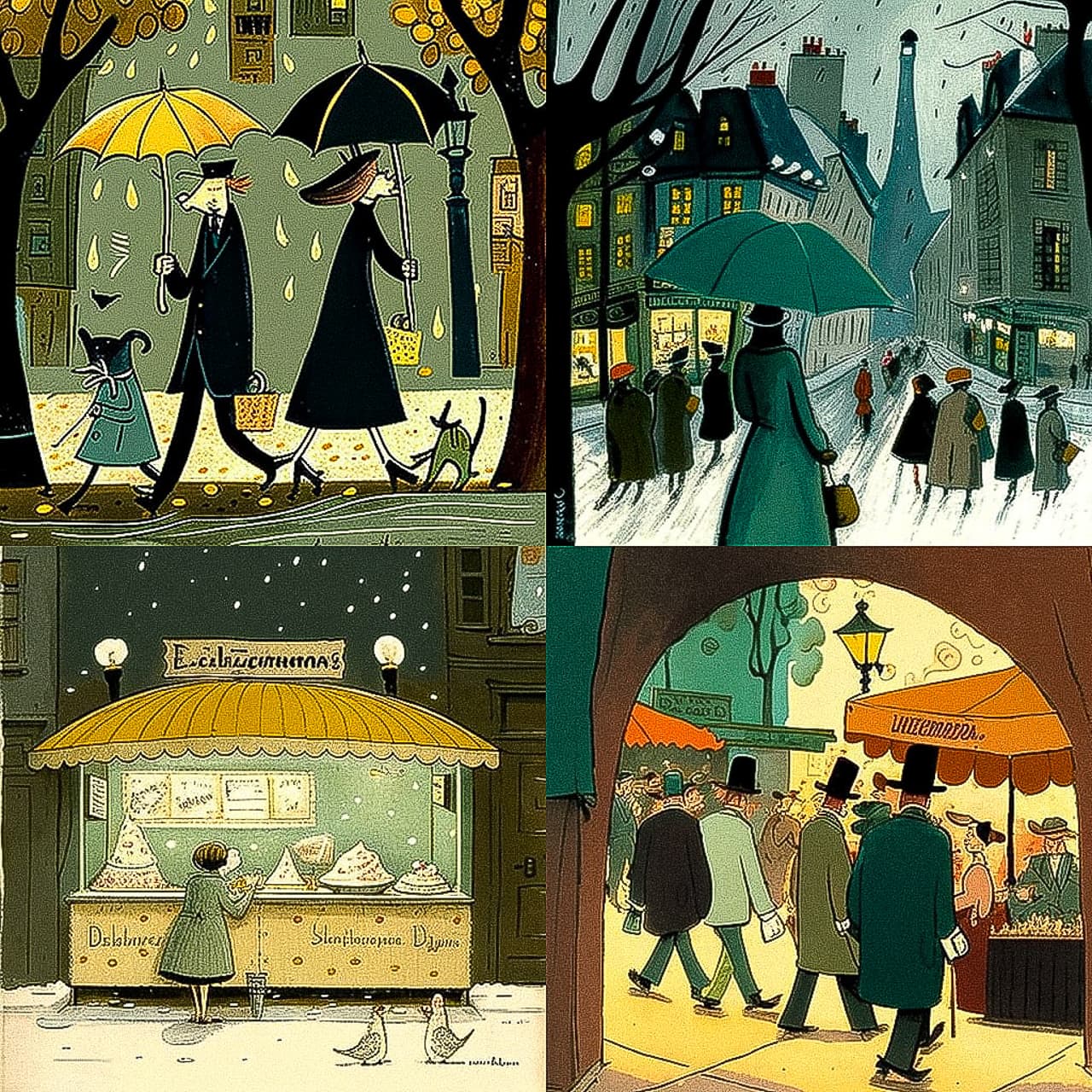 Midjourney prompt showcasing whimsical city scenes with characters under umbrellas, capturing artistic styles and detailed environments.