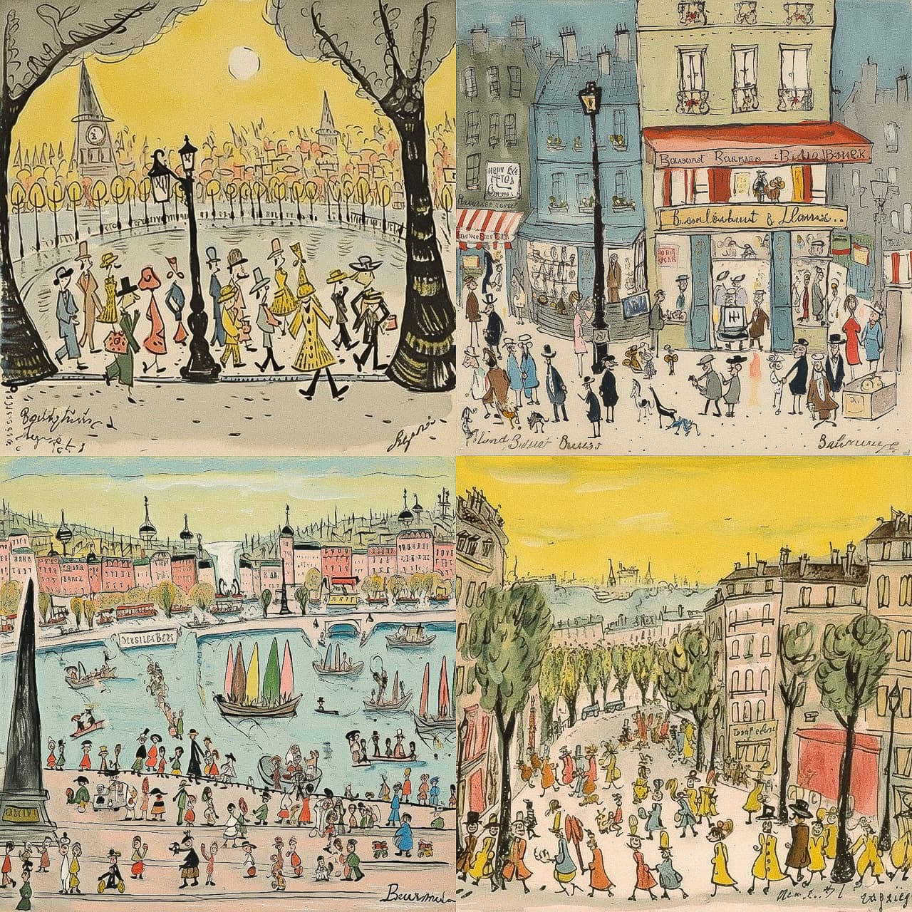 Midjourney prompt showcasing artistic styles, group portraits, and vibrant cityscapes inspired by Ludwig Bemelmans --v 5.