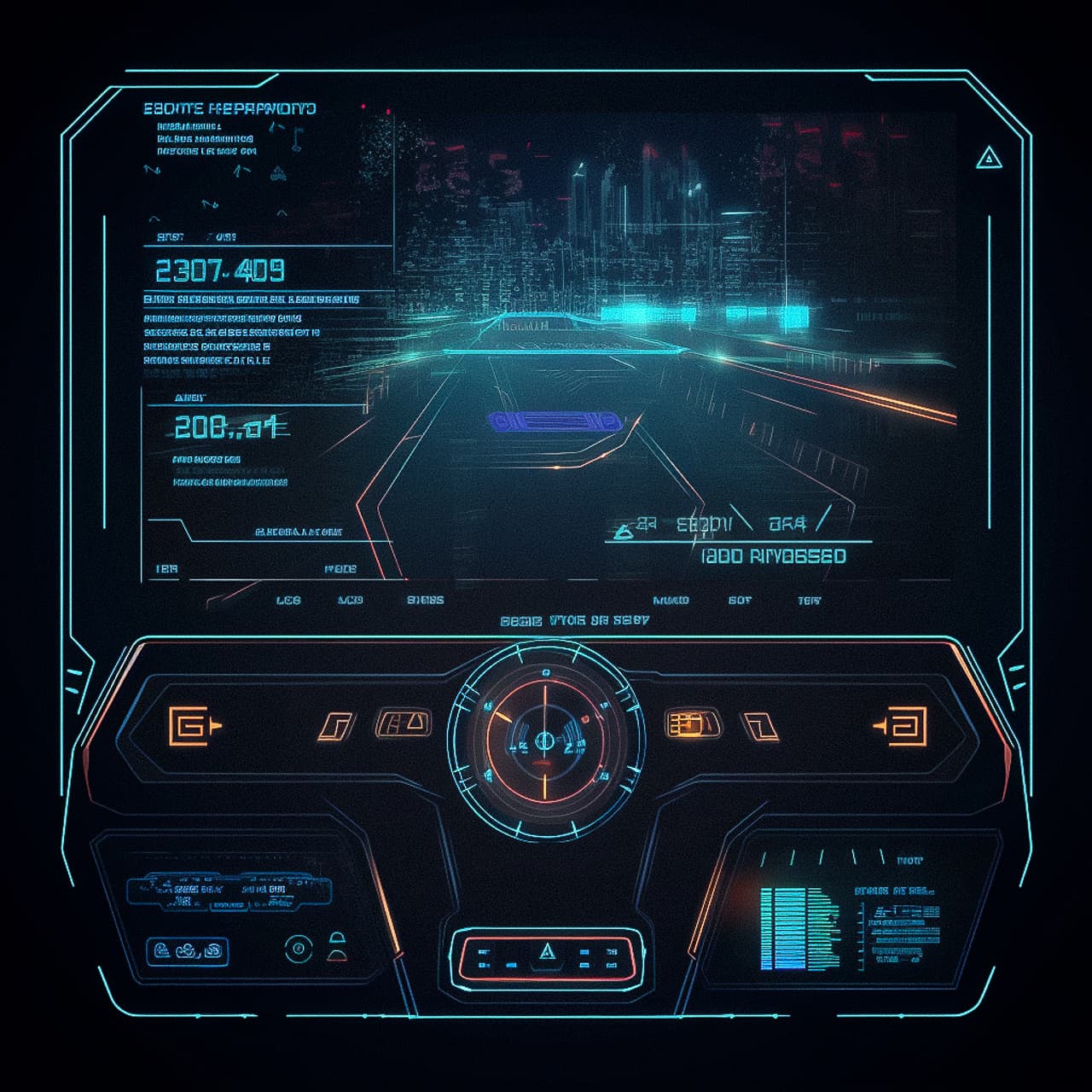 Midjourney prompt for cyberpunk hovercar HUD interface, showcasing V5 features like photorealism and detail accuracy.