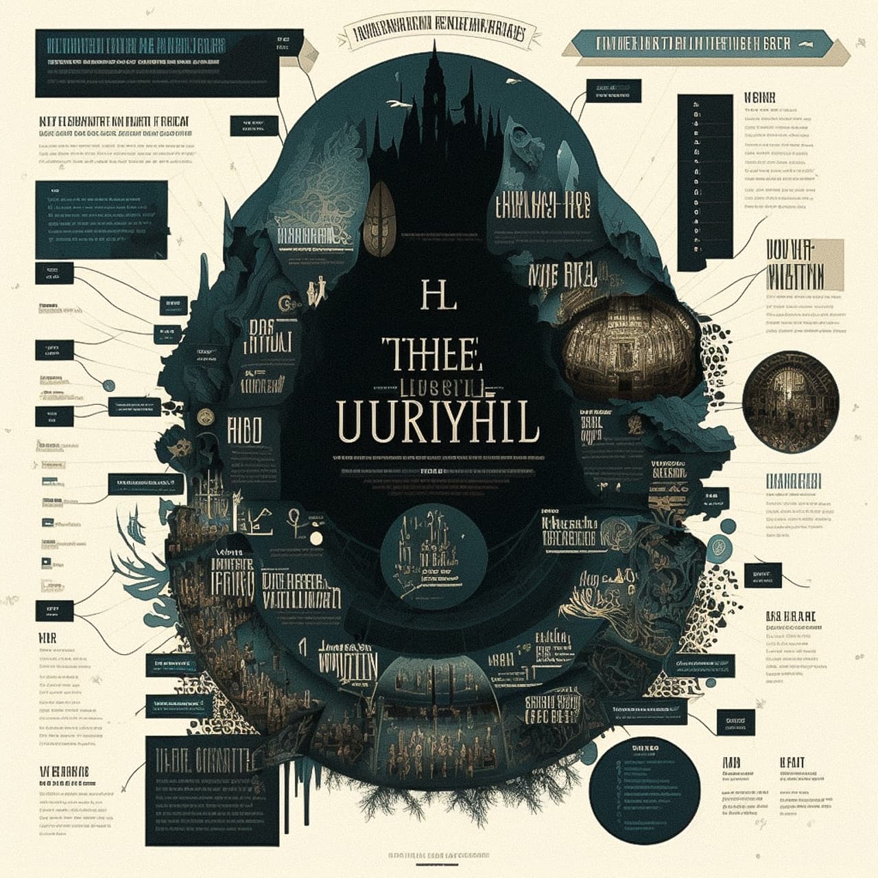 Midjourney prompt engineering infographic illustrating underworld layout, showcasing V4 features and artistic styles.