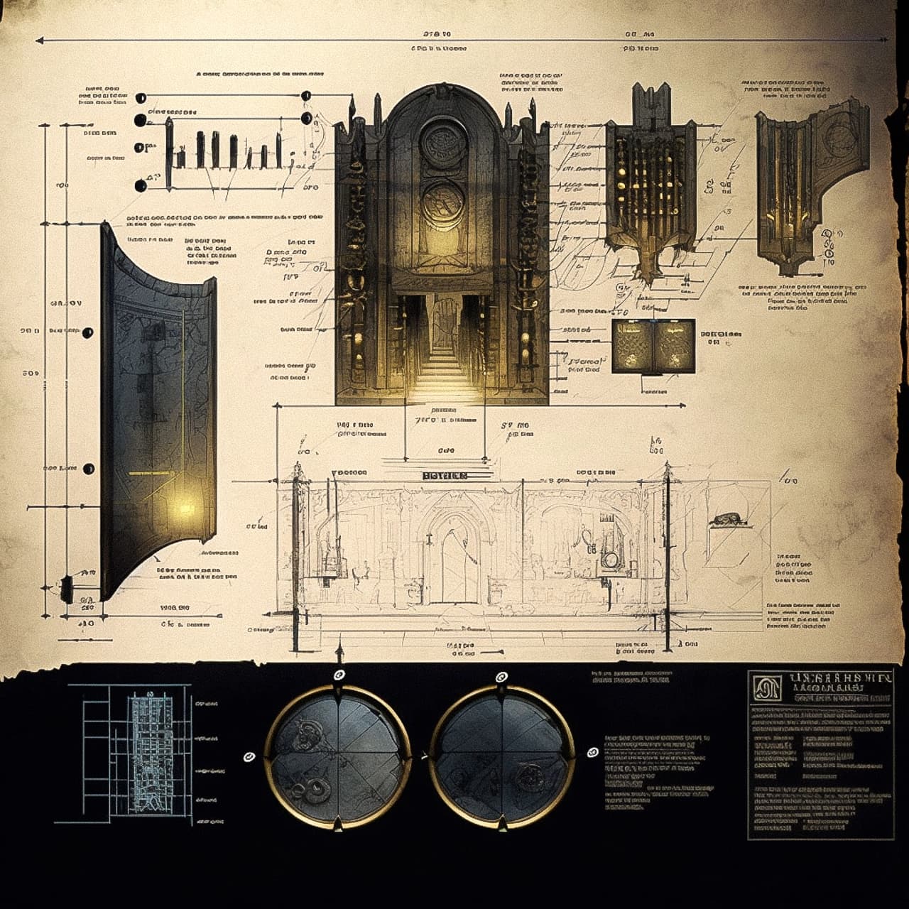 Technical drawing underworld layout with notes and measurements, showcasing Midjourney prompt engineering techniques.