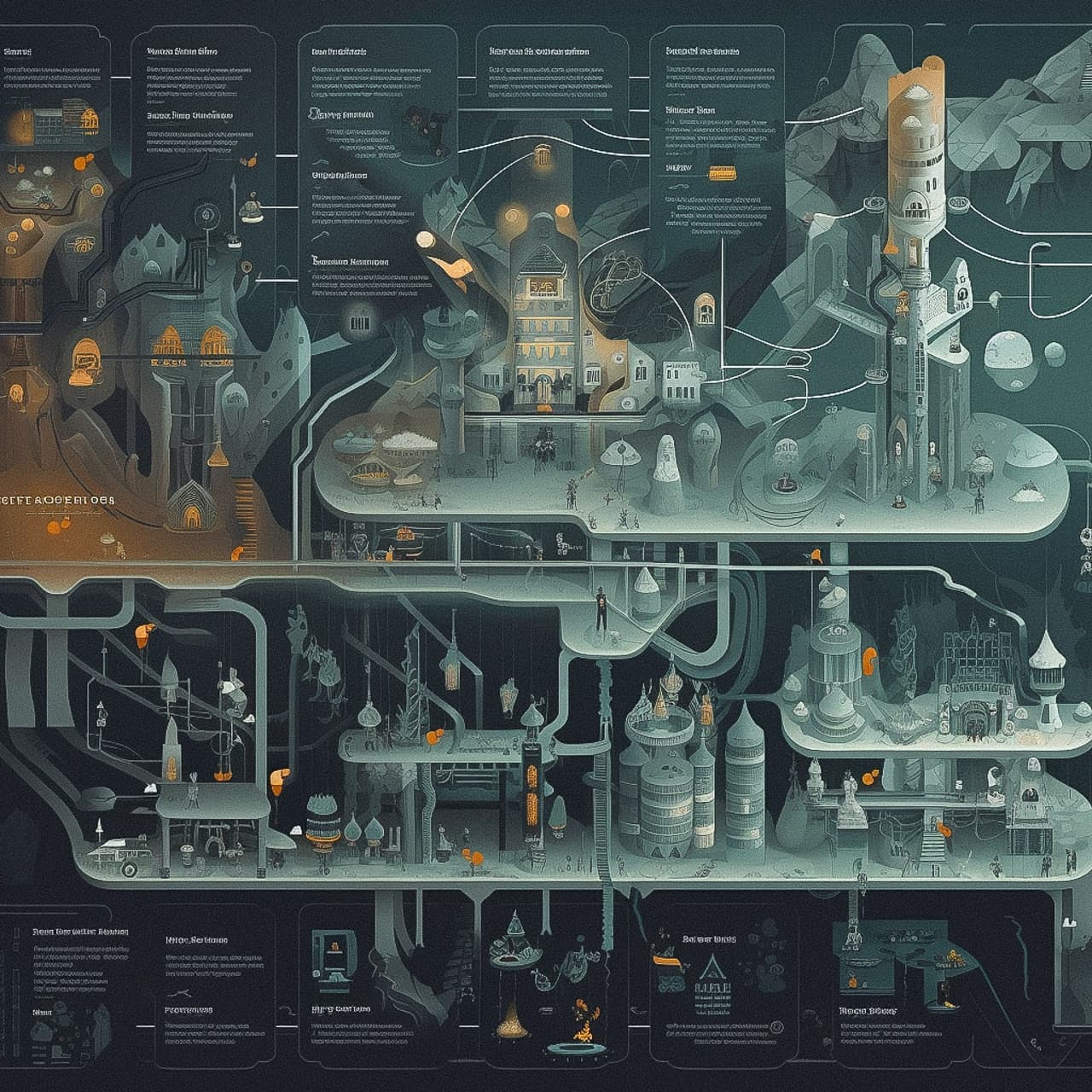 Intricate infographic depicting underworld layout, showcasing Midjourney prompt engineering, artistic styles, and V5 features.