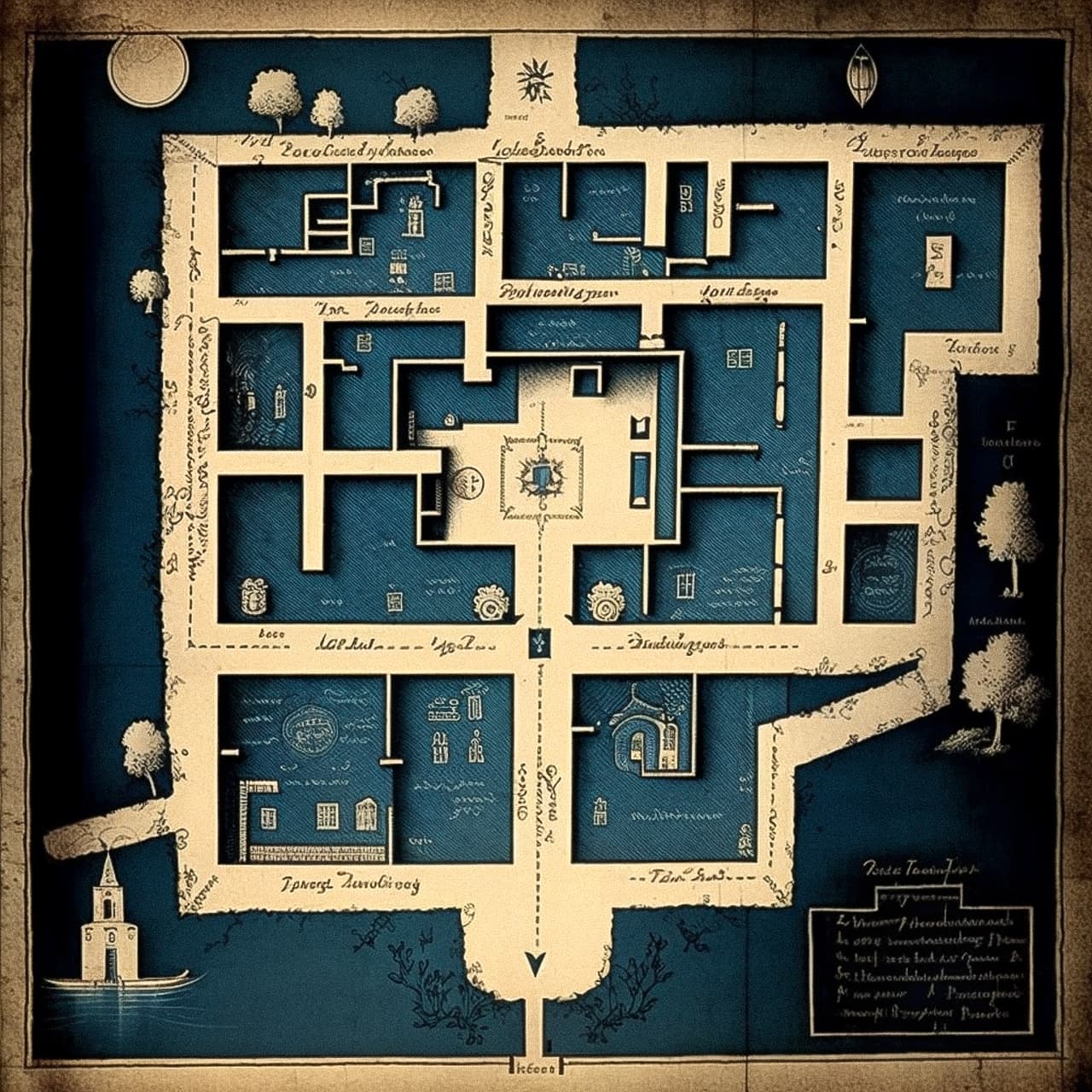 1700s blueprint underworld layout, showcasing Midjourney prompt engineering techniques and artistic styles.