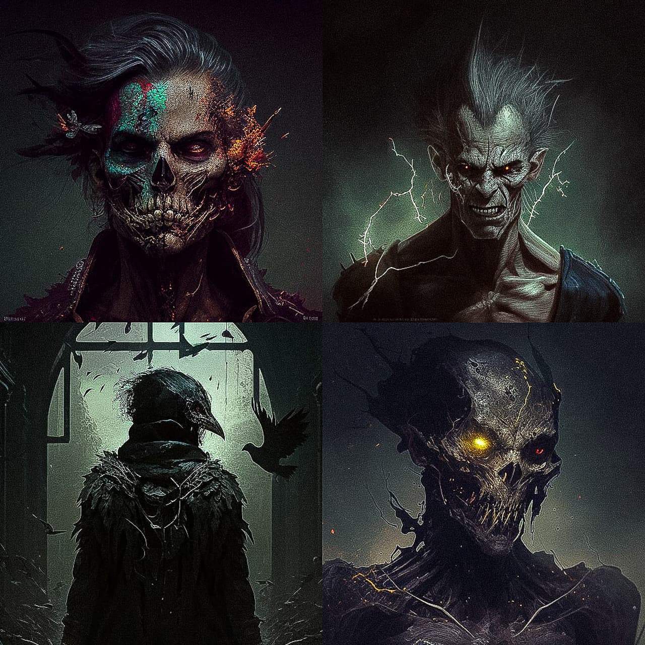 Grimdark art style, Midjourney prompt showcasing skull characters, enhanced detail, V4 features, AI-generated imagery.