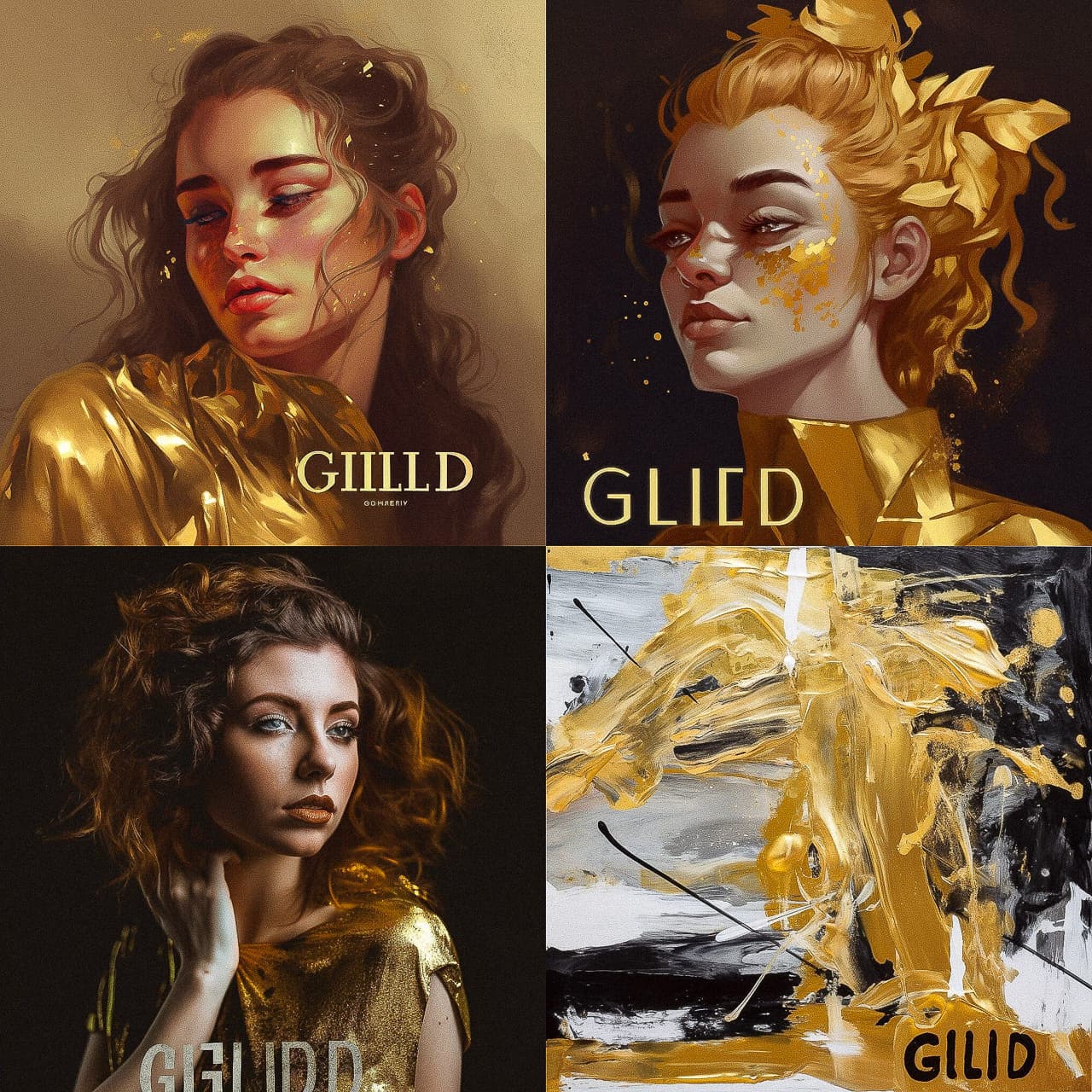 Midjourney prompt showcasing gilded portraits and abstract art, emphasizing photorealism and artistic styles in V5.