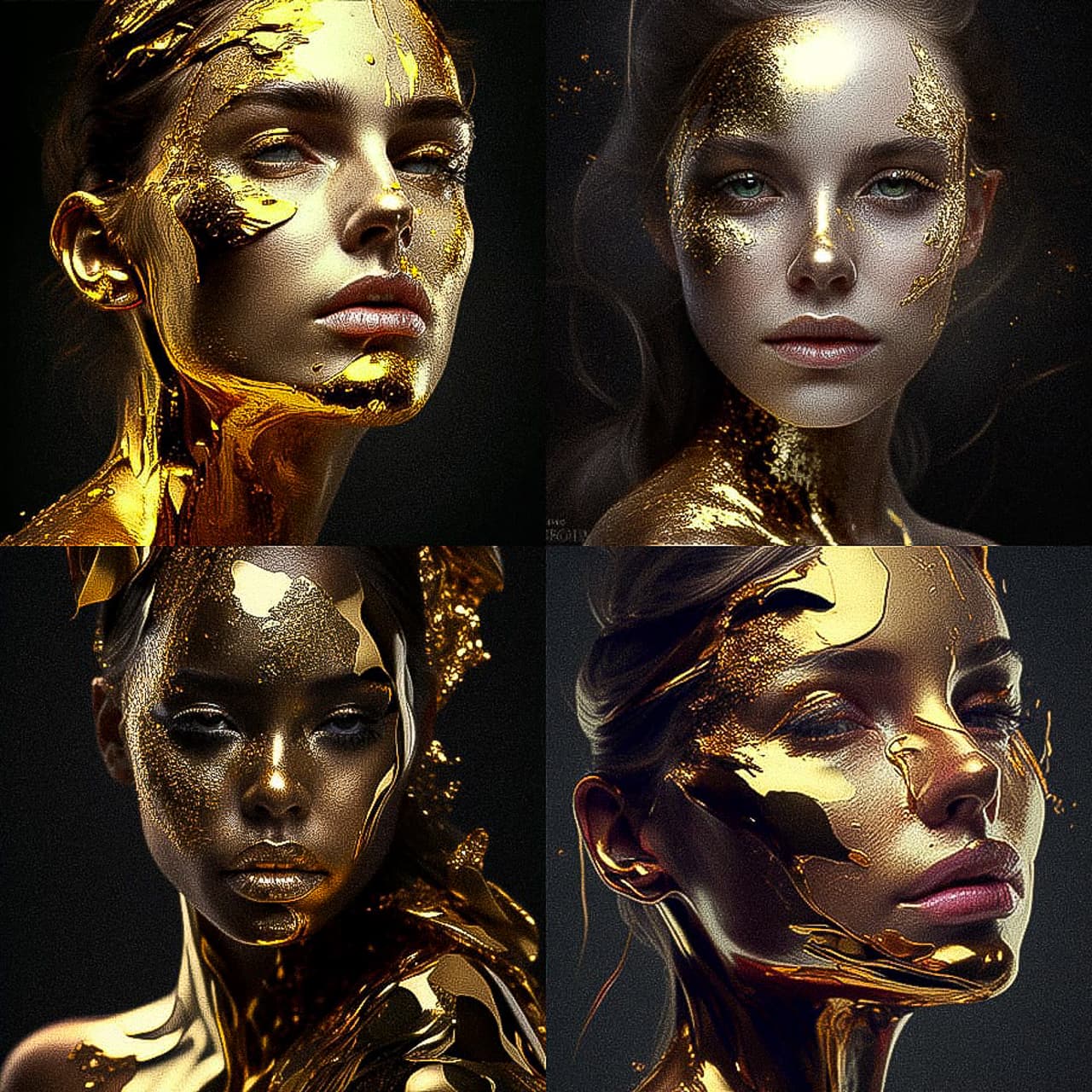 Midjourney prompt showcasing four portraits with gold paint effects, demonstrating photorealism and artistic styles in AI-generated images.