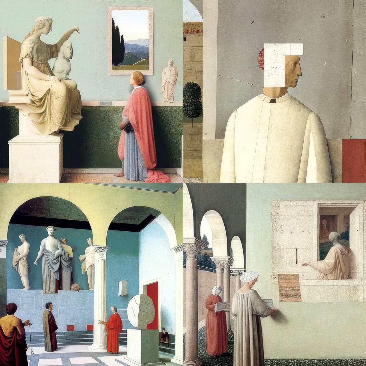 Midjourney prompt showcasing Pierro della Francesca-inspired art style, featuring architectural elements, sculptures, and figures in various poses.