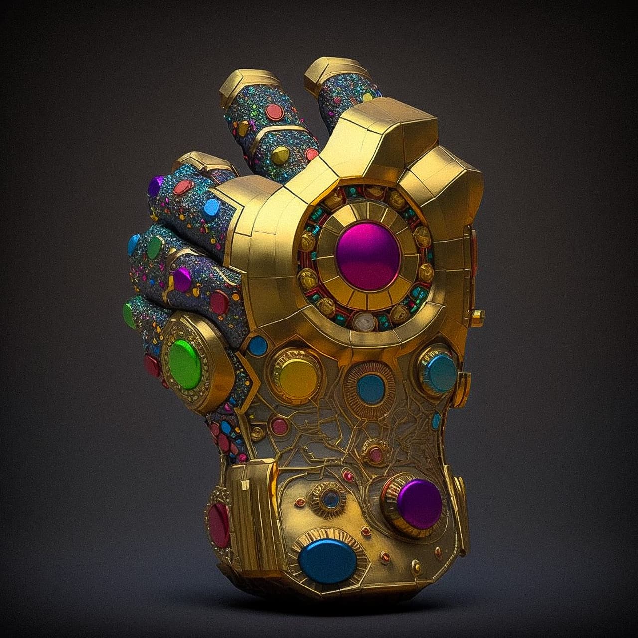 Infinity Gauntlet design by Walter Van Beirendonck, showcasing Midjourney prompt engineering and photorealism techniques.