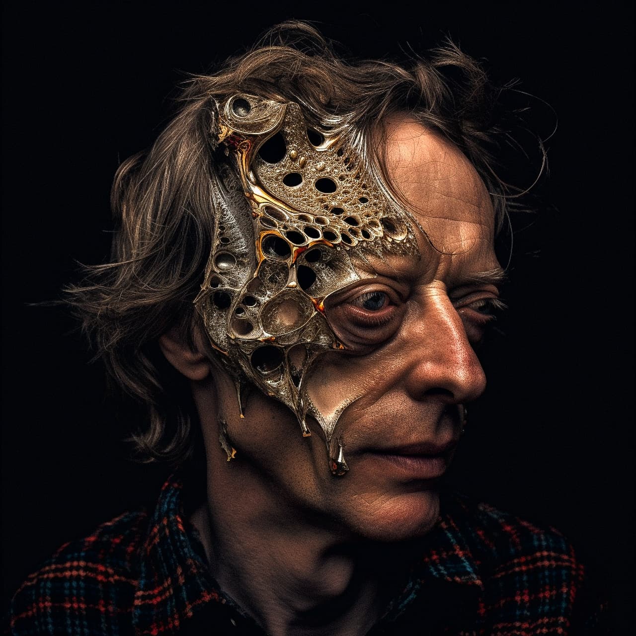 Midjourney prompt showcasing photorealistic human portrait with intricate organic textures, demonstrating V5 capabilities in detail accuracy and artistic styles.