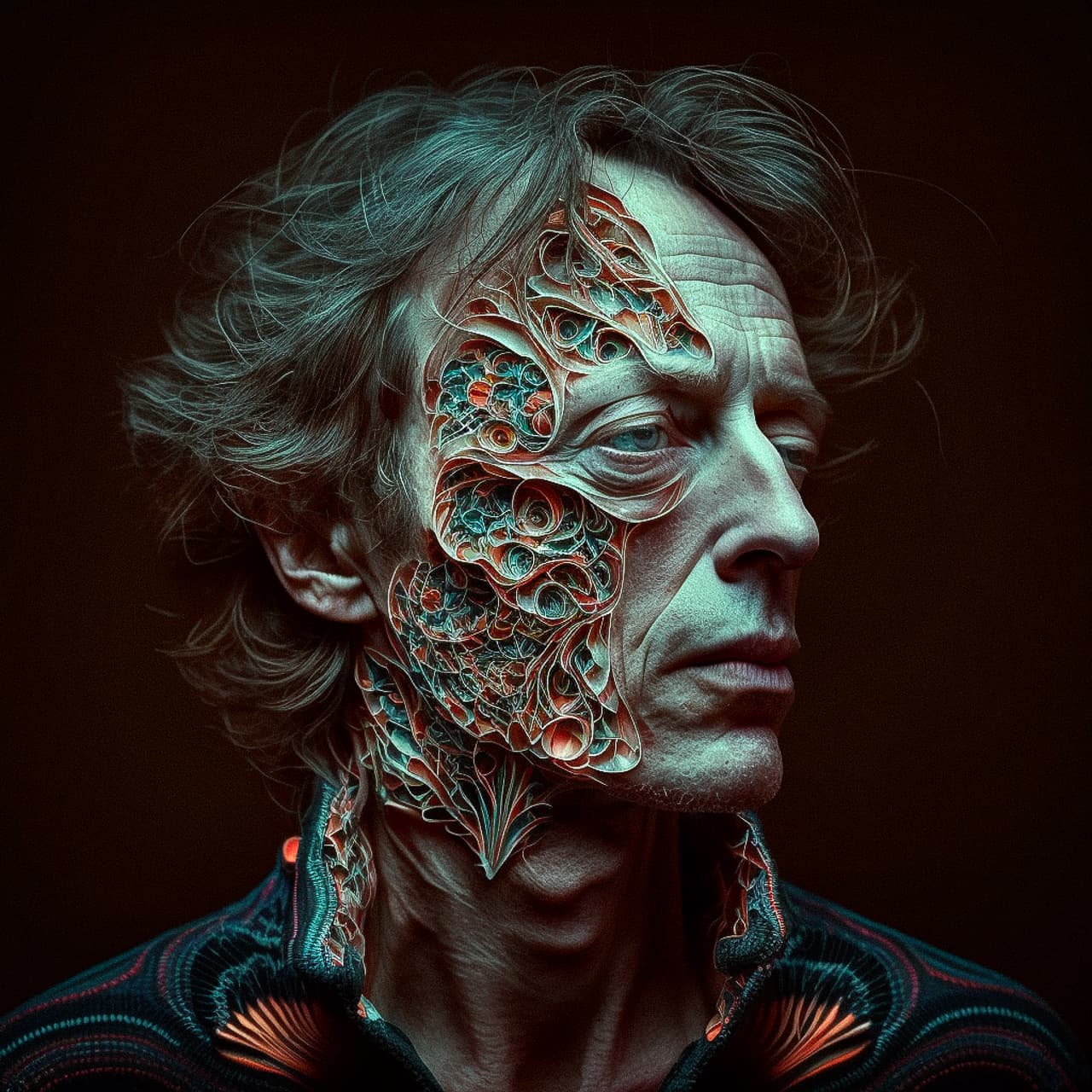 Midjourney prompt showcasing intricate facial design, blending human features with organic patterns, exploring photorealism and artistic styles.