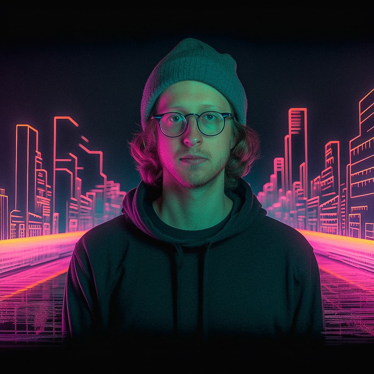 Midjourney prompt showcasing Synthwave style with neon cityscape, highlighting V5 features like detail accuracy and artistic styles.