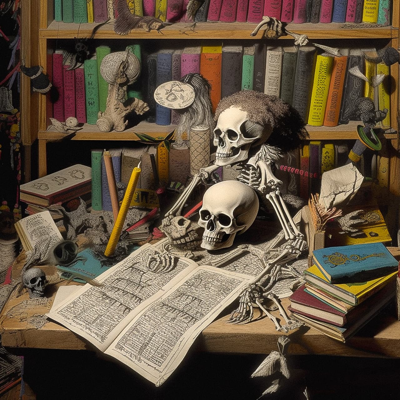 Midjourney prompt for Gary Panter's voodoo witch workbench illustration, showcasing skeletons, books, and detailed textures in V5.