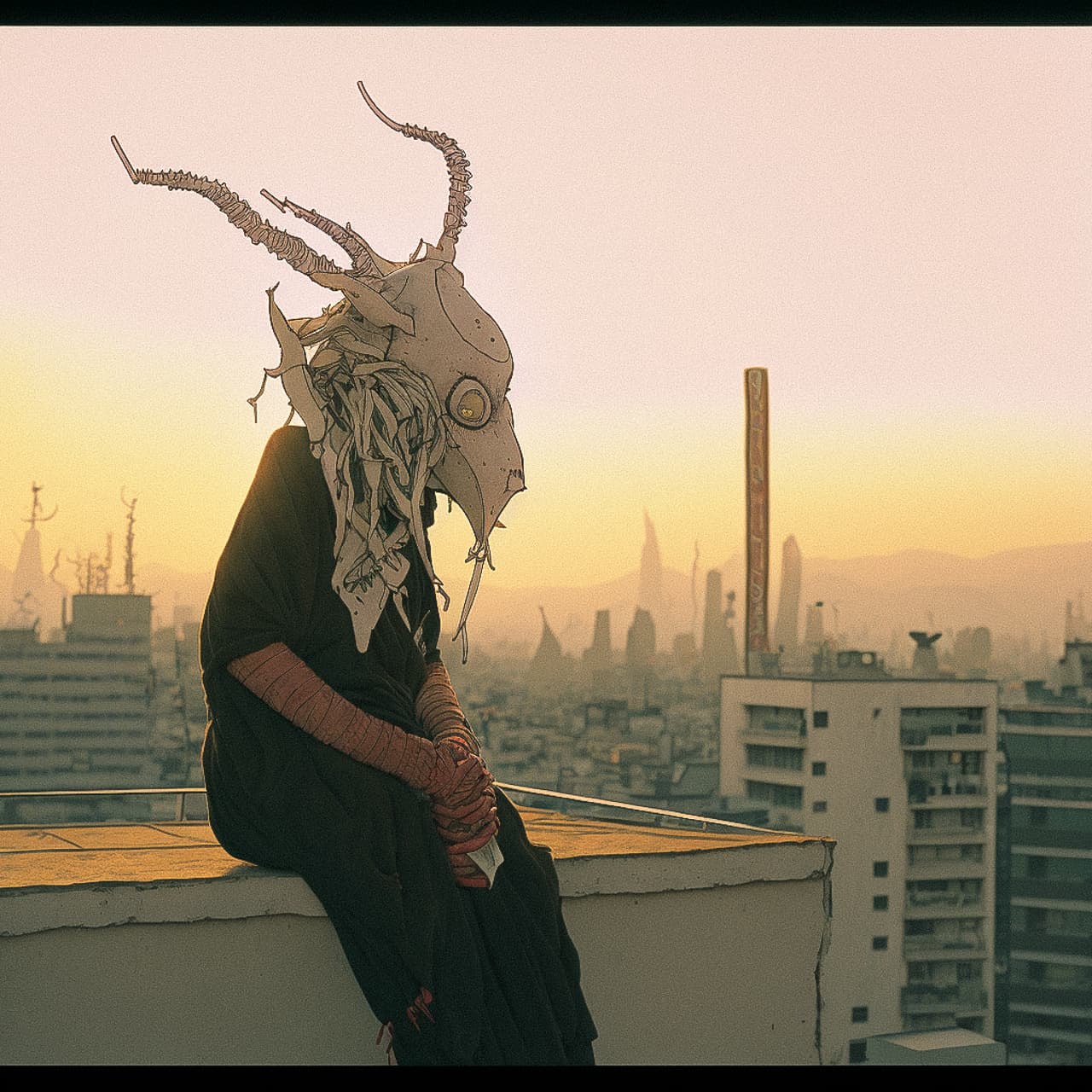 Midjourney prompt showcasing ancient creature in ritualistic mask on rooftop at sunset, emphasizing photorealism and artistic style.