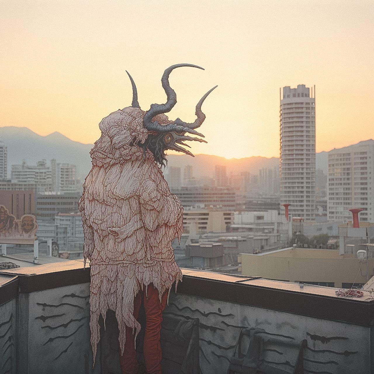 Midjourney prompt for Geof Darrow's illustration of ancient creature on rooftop at sunset, showcasing photorealism and artistic styles.