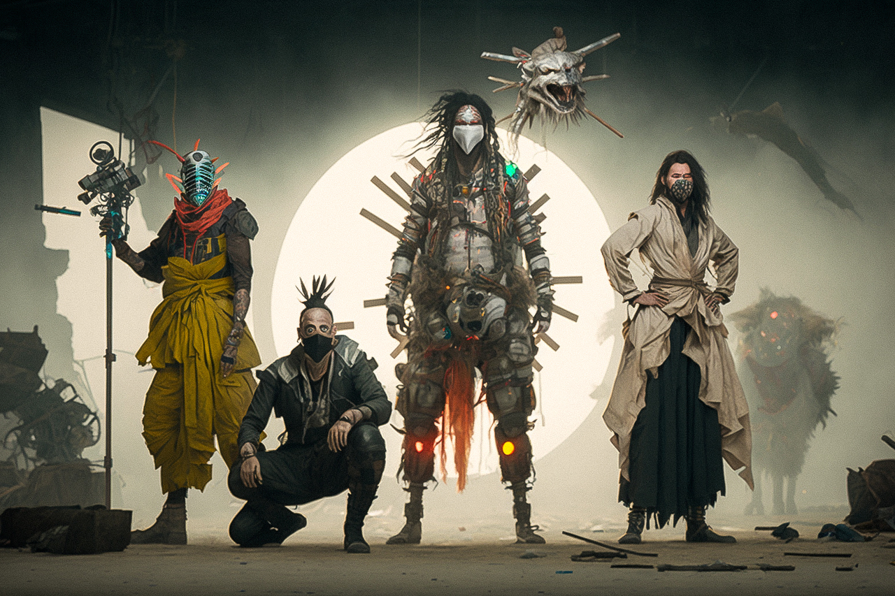 Post-apocalyptic samurai monster-hunters squad, showcasing Midjourney prompt engineering for detailed character design.