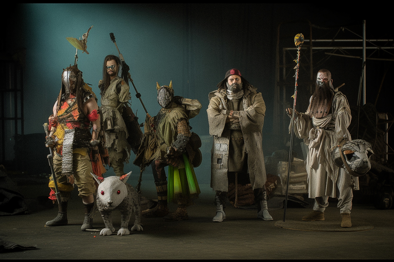 Post-apocalyptic samurai monster-hunters squad, Midjourney prompt, V5, detailed character design, stylized costumes, AI-generated imagery.