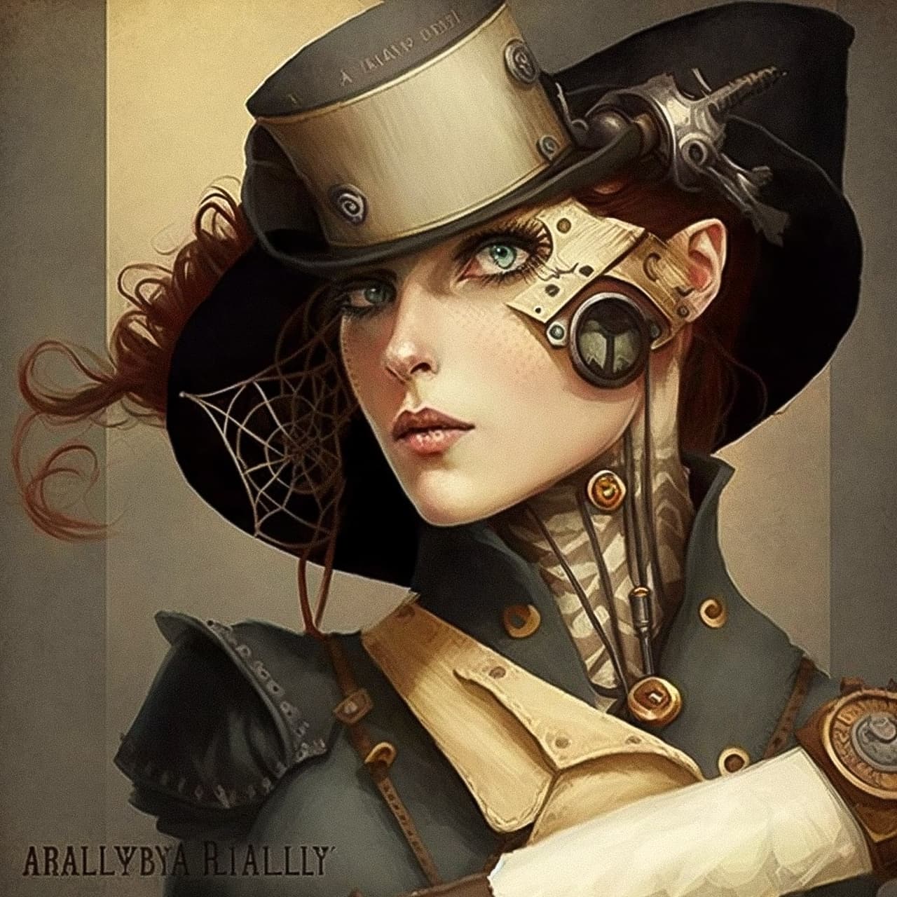 Steampunk character illustration by Alice Bailly, showcasing Midjourney prompt engineering and V4 artistic styles.