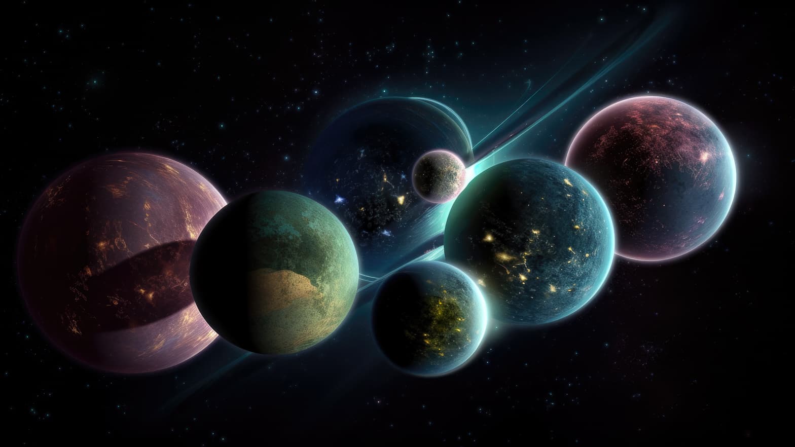 Midjourney prompt for world of nine inverted planets, showcasing photorealistic planetary designs and complex artistic styles.