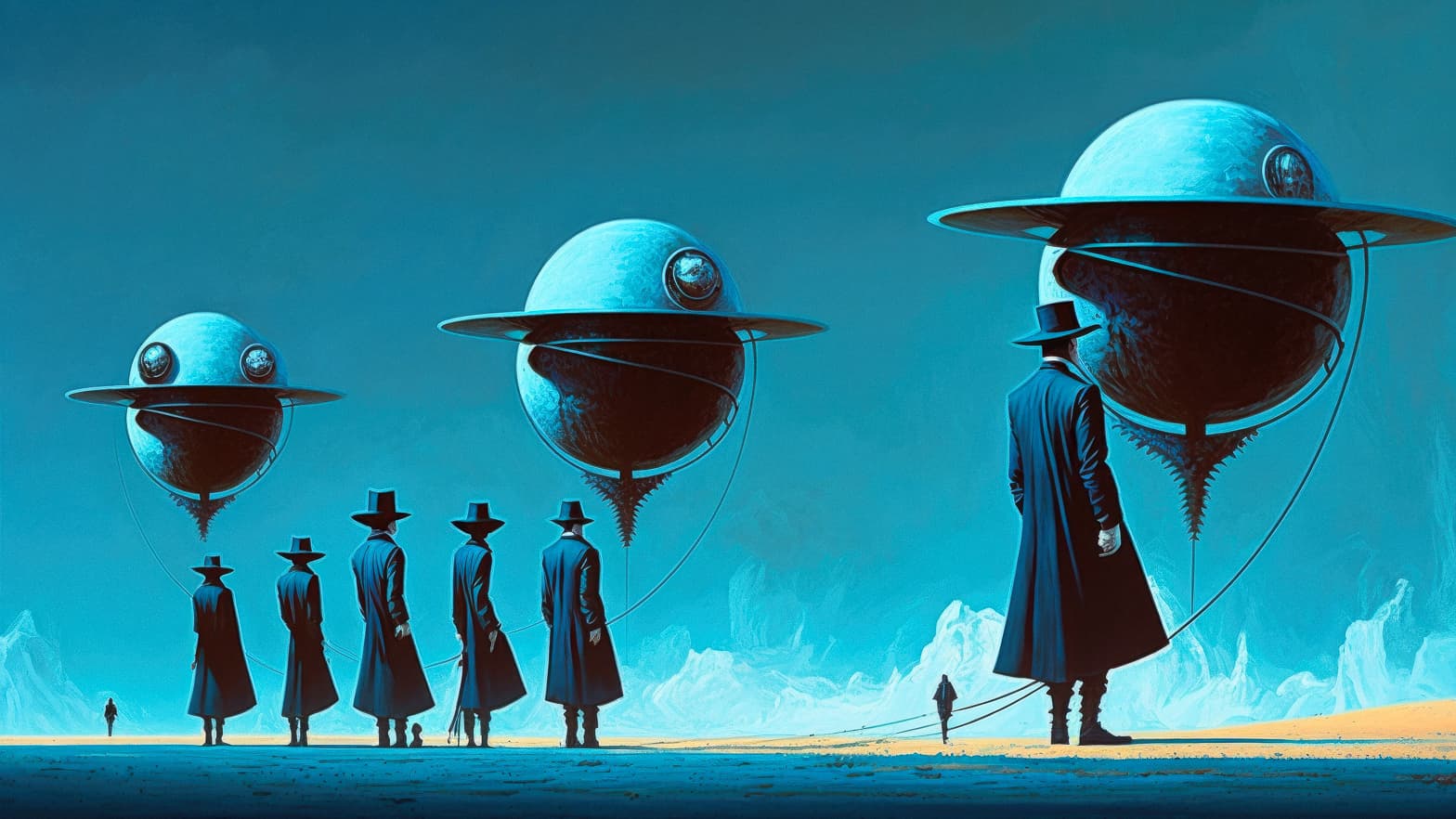 Midjourney prompt showcasing world of nine inverted planets by Alex Andreev, Wayne Barlowe --v 4, featuring surreal planetary landscapes and figures.