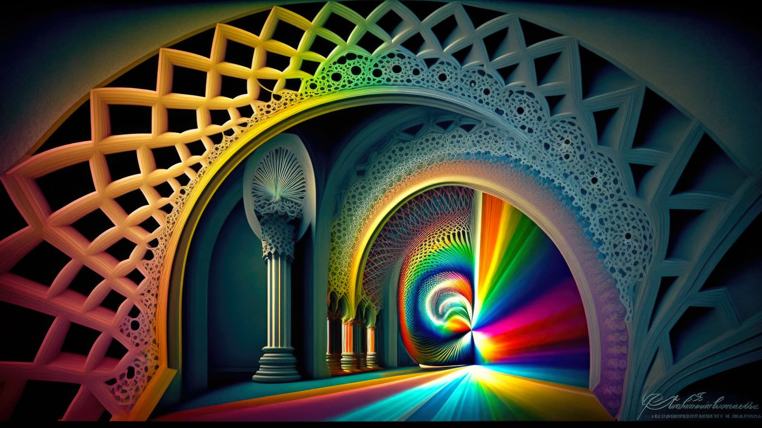 Midjourney prompt showcasing intricate architectural design with vibrant colors and patterns, reflecting advanced AI-generated imagery techniques.