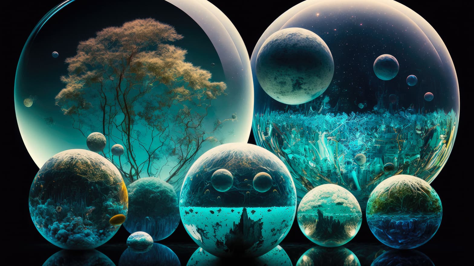 Midjourney prompt showcasing world of nine inverted planets, emphasizing photorealism, detail accuracy, and artistic styles in AI-generated imagery.