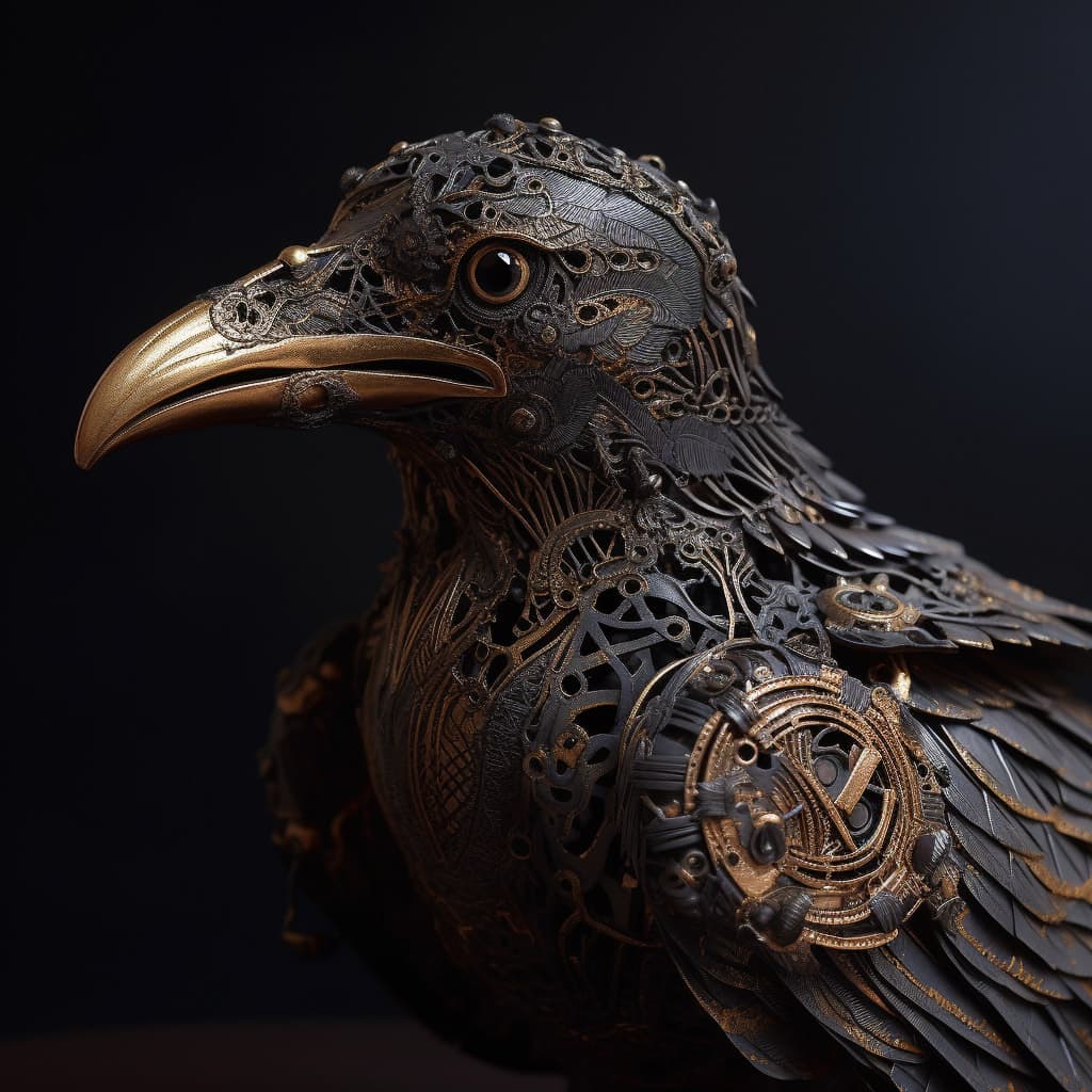 Intricate raven god sculpture showcasing Midjourney prompt engineering, emphasizing photorealism, detail, and artistic styles in V5.1.