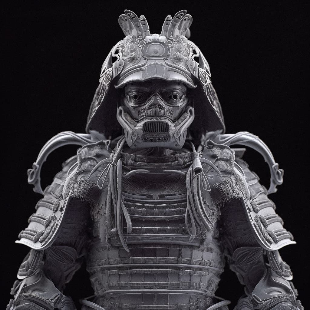Robot samurai design generated using Midjourney prompt techniques, showcasing V5.1 enhancements in detail and coherence.