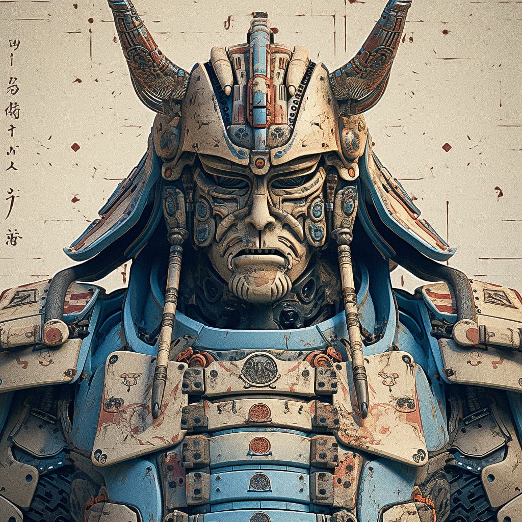 Robot samurai illustration generated with Midjourney prompt, showcasing V5.1 features like photorealism and artistic styles.