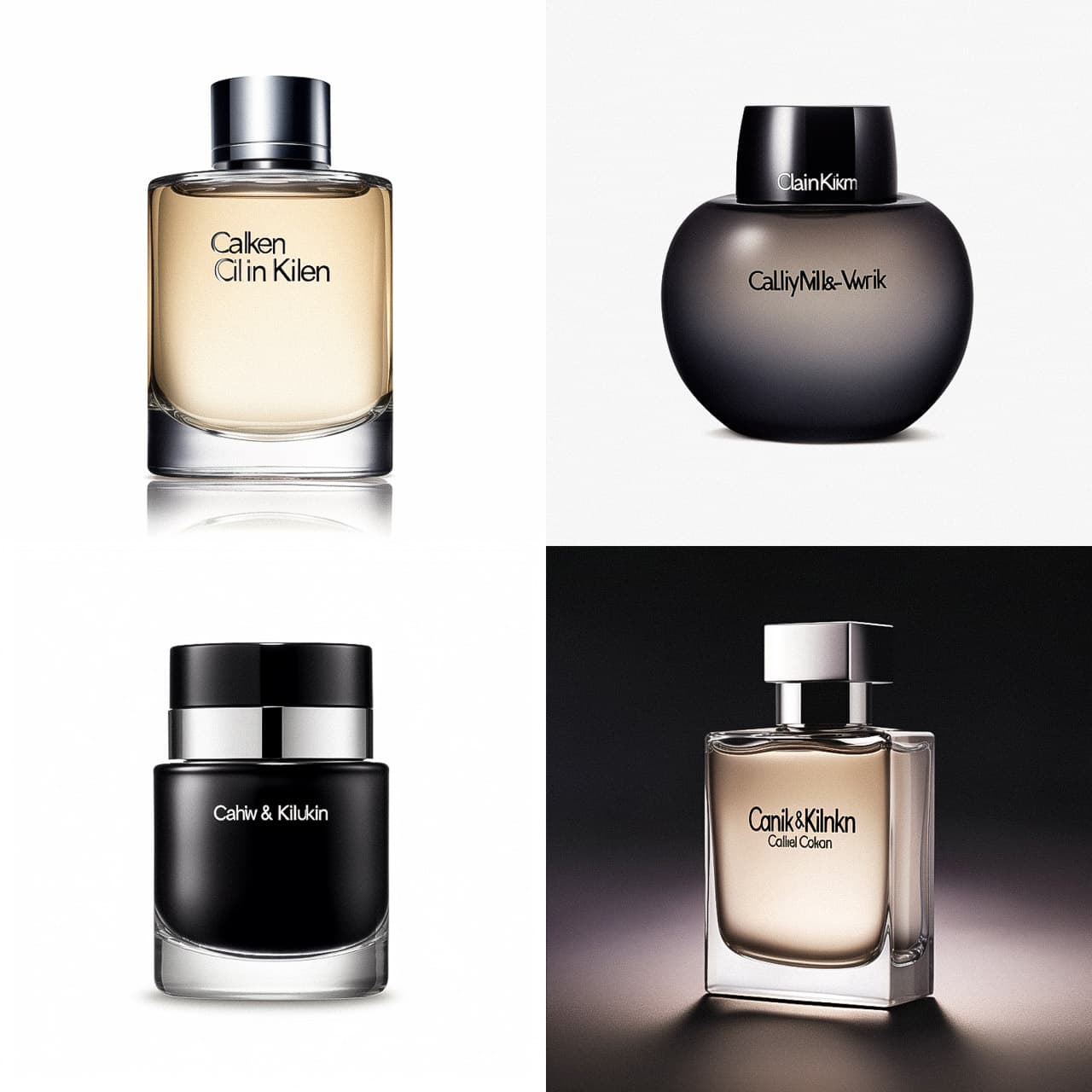 Midjourney prompt showcasing Calvin Klein perfume bottles, emphasizing design, aesthetics, and branding elements.