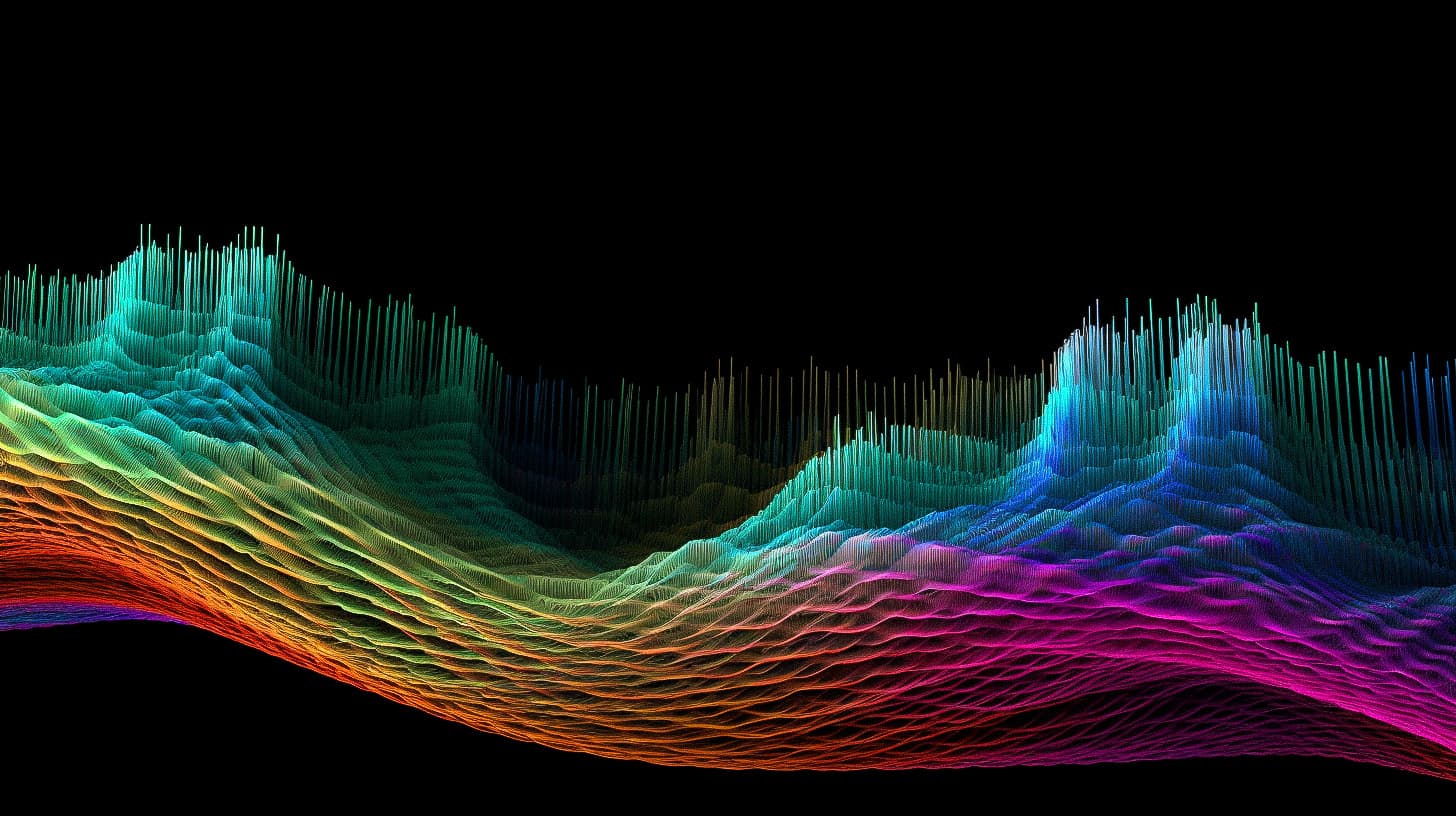 Midjourney prompt showcasing visual representation of sound waves with vibrant colors and intricate patterns, emphasizing digital art techniques.