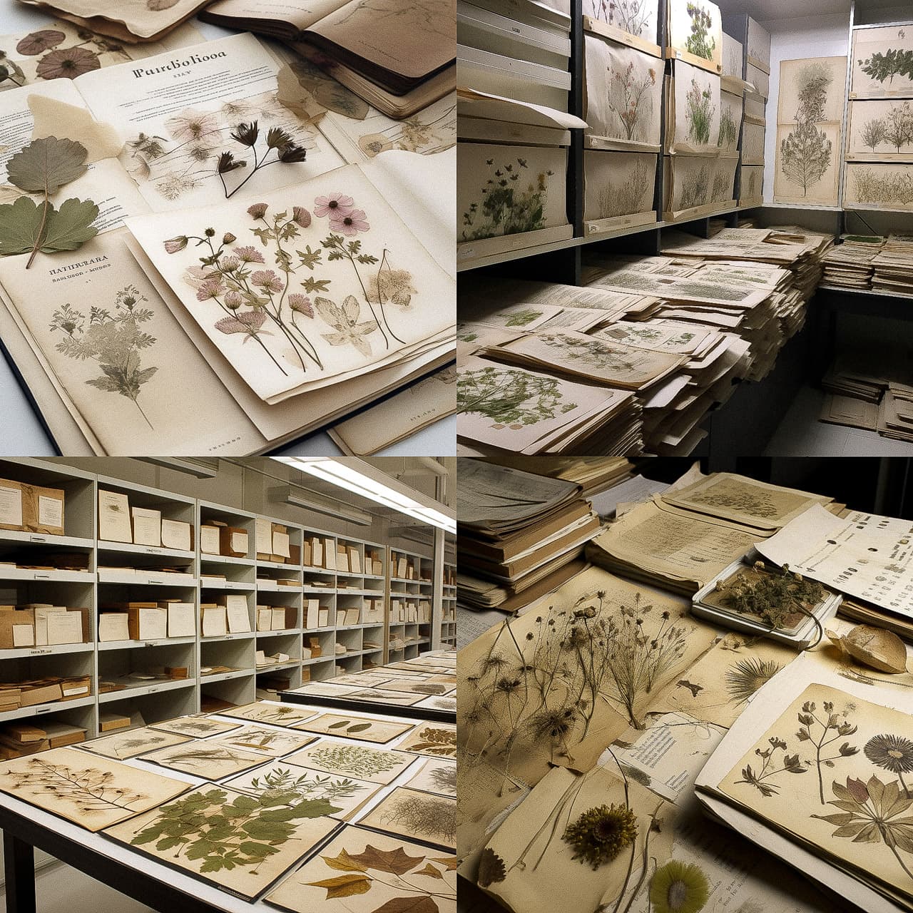 Herbarium collection showcasing pressed plants, pages, and botanical illustrations, highlighting Midjourney prompt techniques for text-to-image generation.