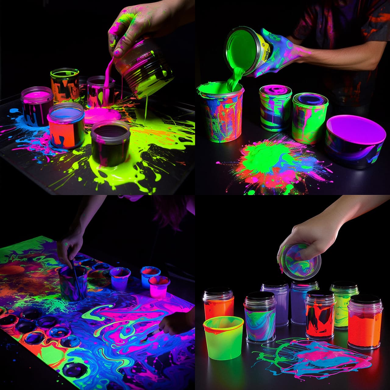 Blacklight paint application techniques using Midjourney prompt for vibrant color generation and artistic styles.