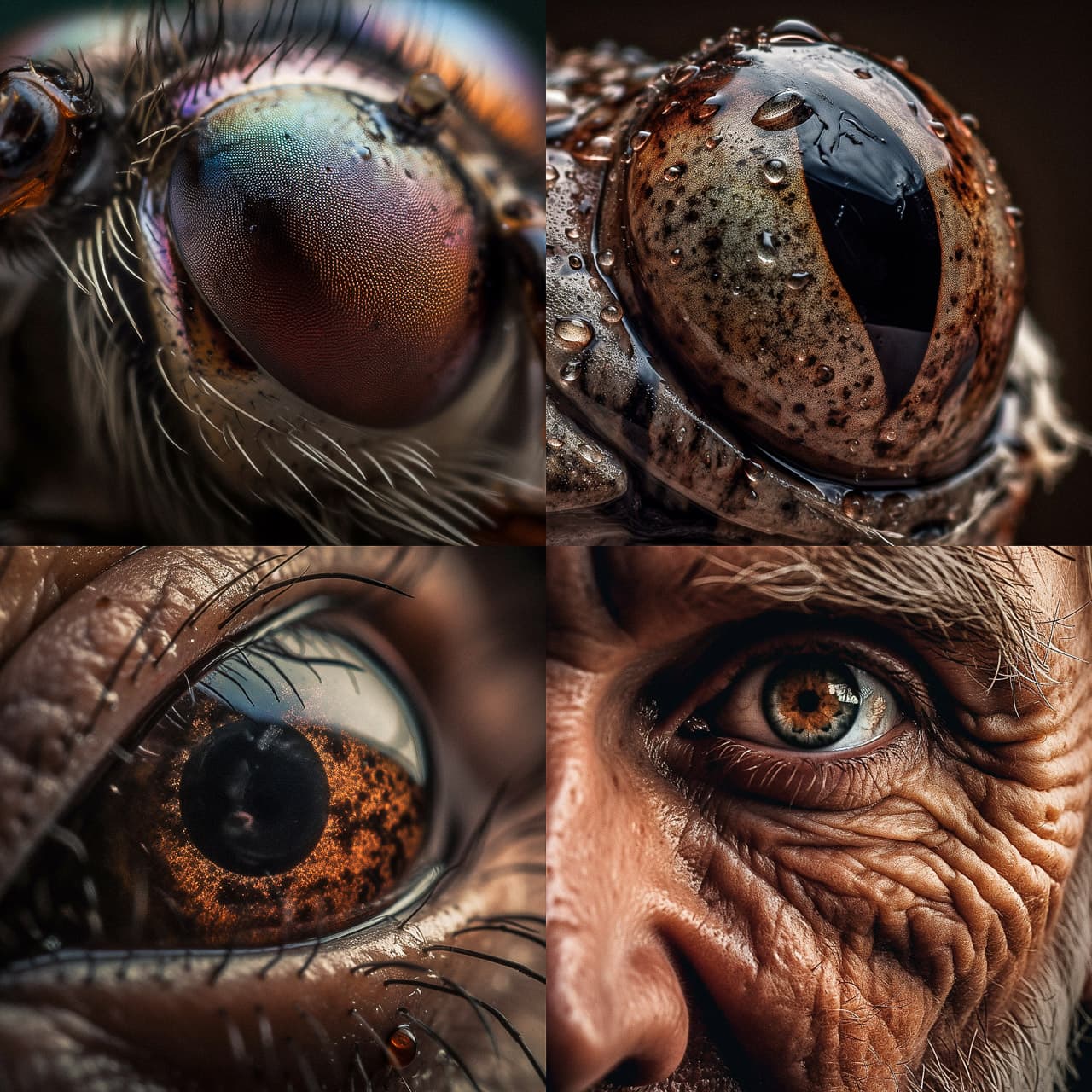 Extreme close-up portrait showcasing diverse eye textures and details, highlighting Midjourney prompt capabilities in photorealism and artistic styles.