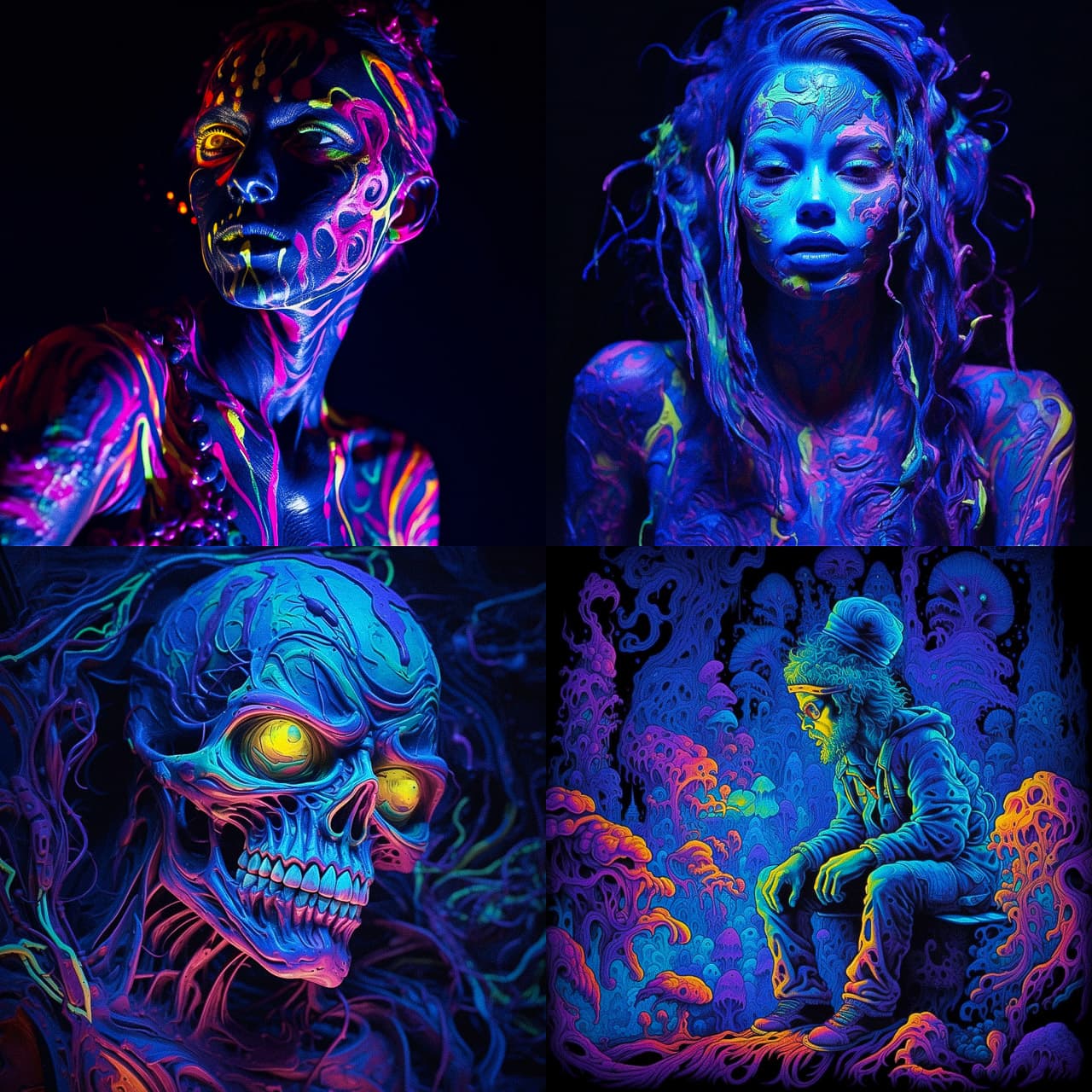 Midjourney prompt showcasing blacklight paint art, featuring vibrant colors, photorealism, and artistic styles in V5.1.