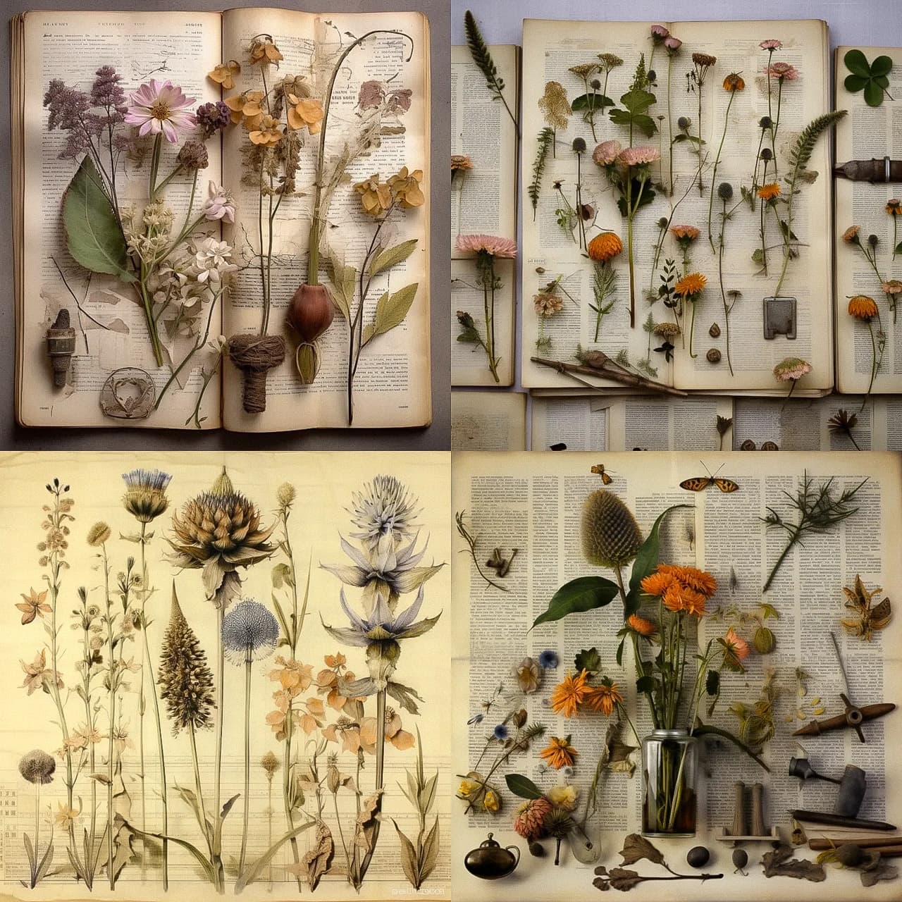 Herbarium arrangement showcasing flowers and plants, Midjourney prompt for botanical art, V5.1 enhancements in detail and photorealism.