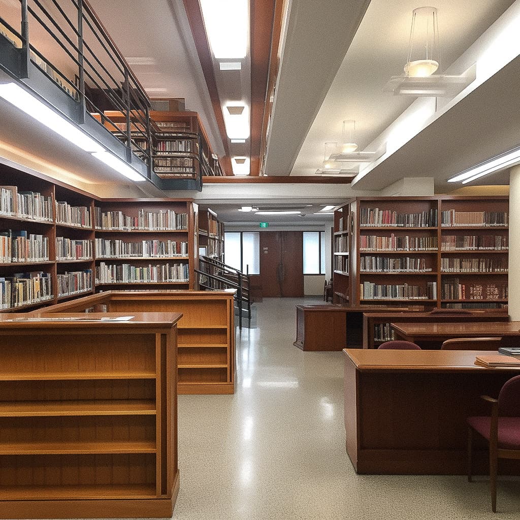 Library interior showcasing bookshelves and study areas, relevant for Midjourney prompt engineering and text-to-image AI techniques.